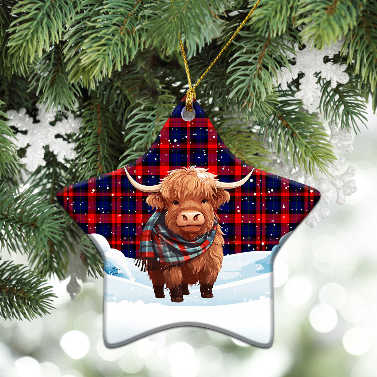 McCracken Tartan Christmas Ceramic Ornament - Highland Cows Snow Style