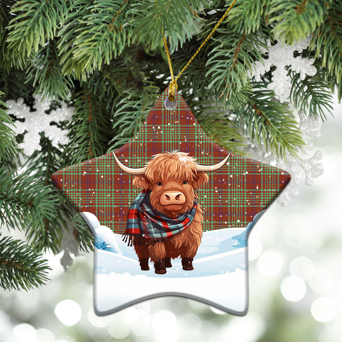 McGillivray Hunting Ancient Tartan Christmas Ceramic Ornament - Highland Cows Snow Style