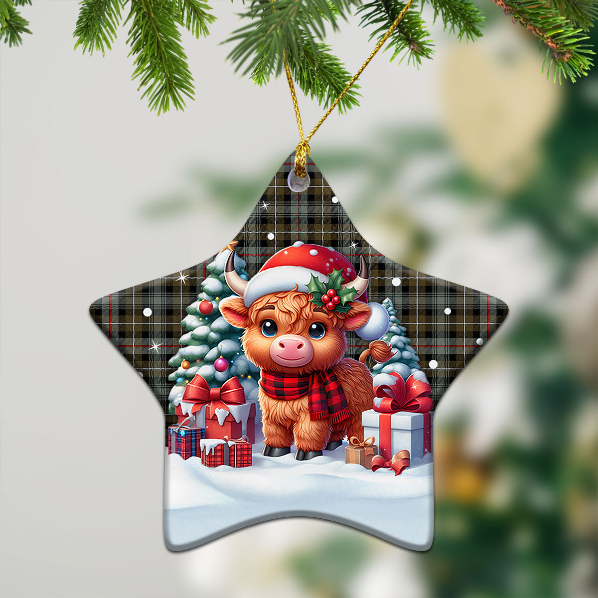 McKenzie Weathered Tartan Christmas Ceramic Ornament - Highland Cow Winter Style