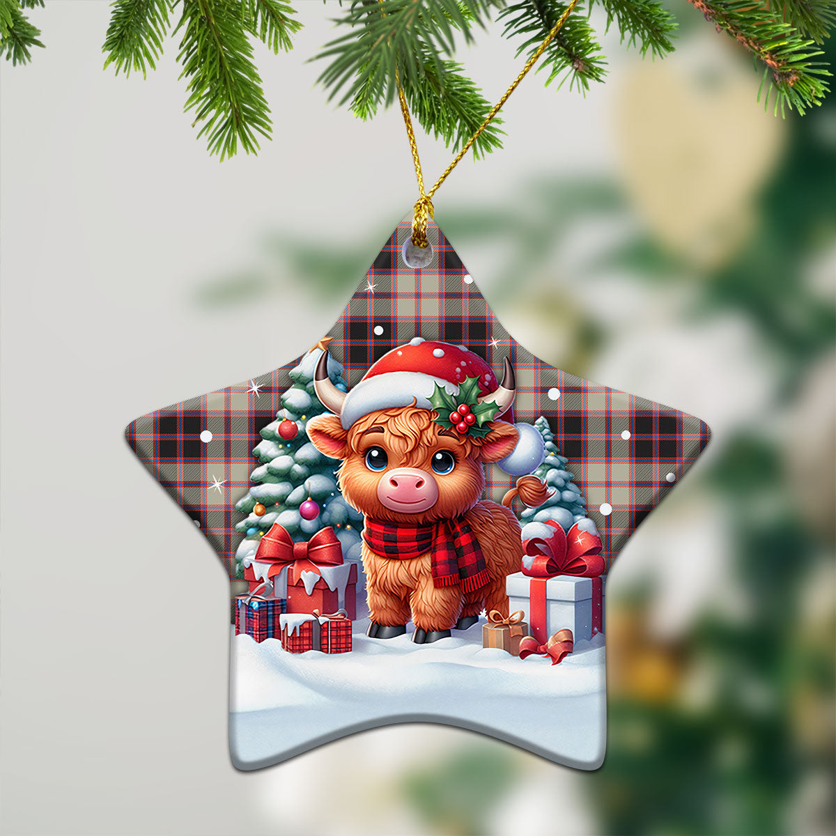 McPherson Hunting Ancient Tartan Christmas Ceramic Ornament - Highland Cow Winter Style