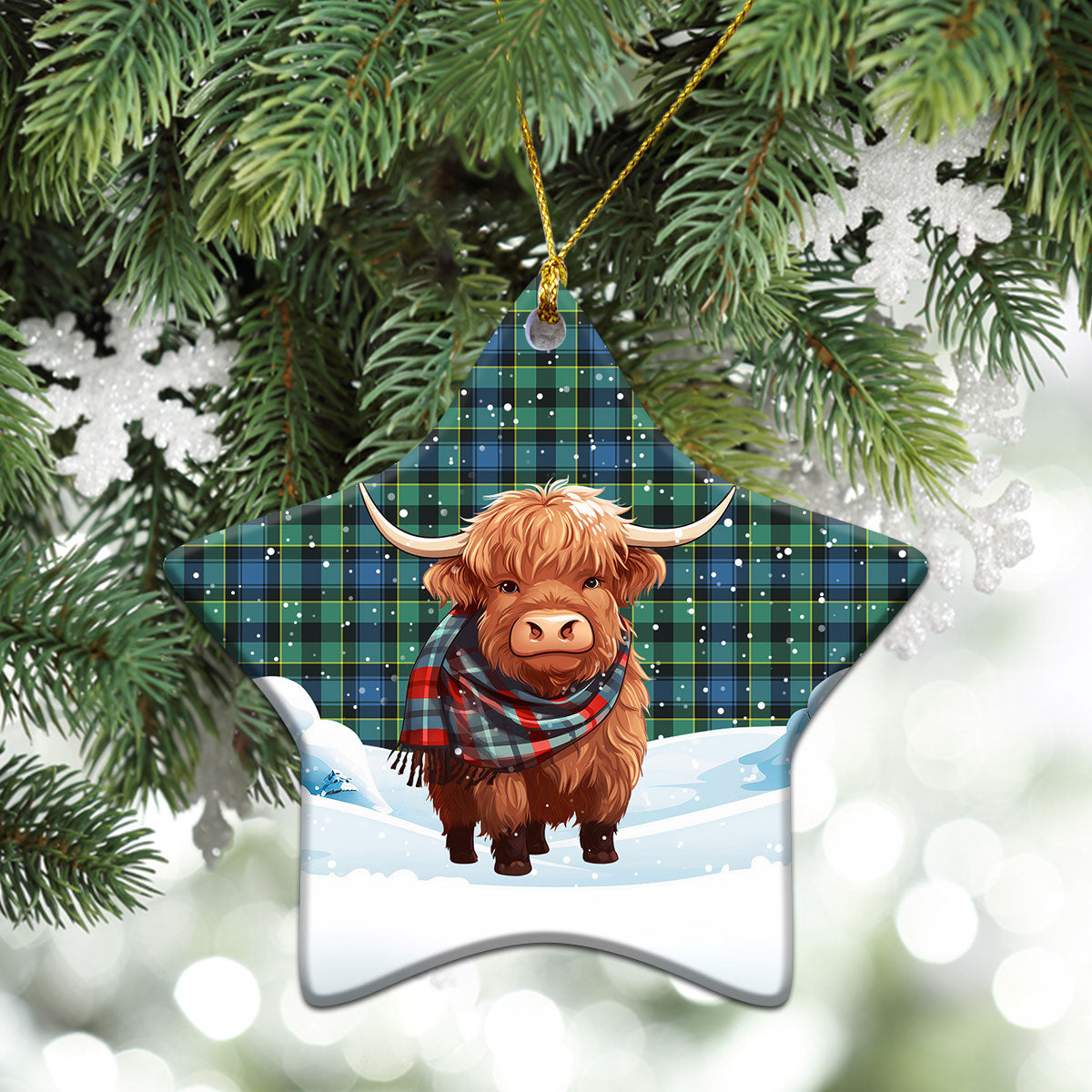 Mowat Ancient Tartan Christmas Ceramic Ornament - Highland Cows Snow Style