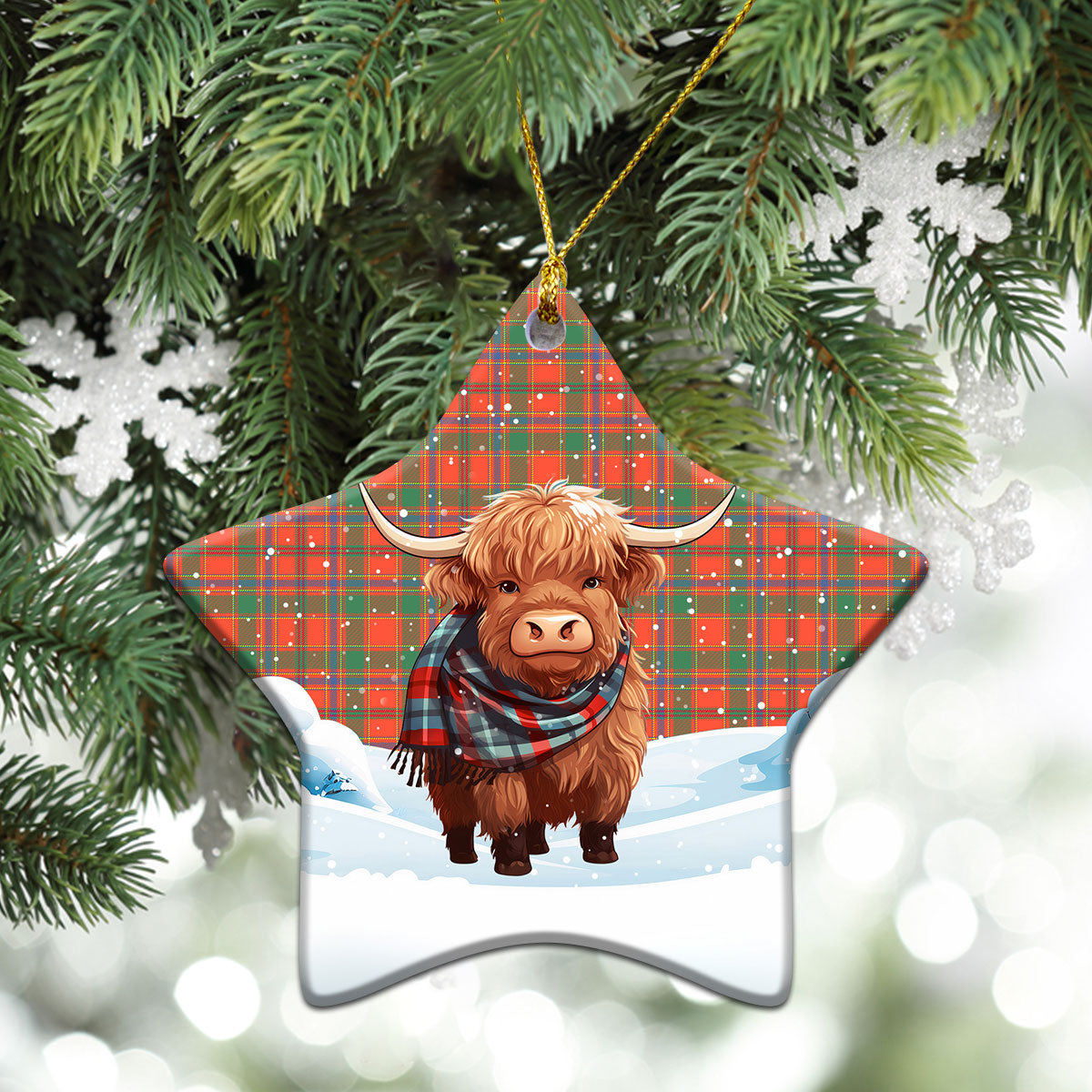 Munro Ancient Tartan Christmas Ceramic Ornament - Highland Cows Snow Style