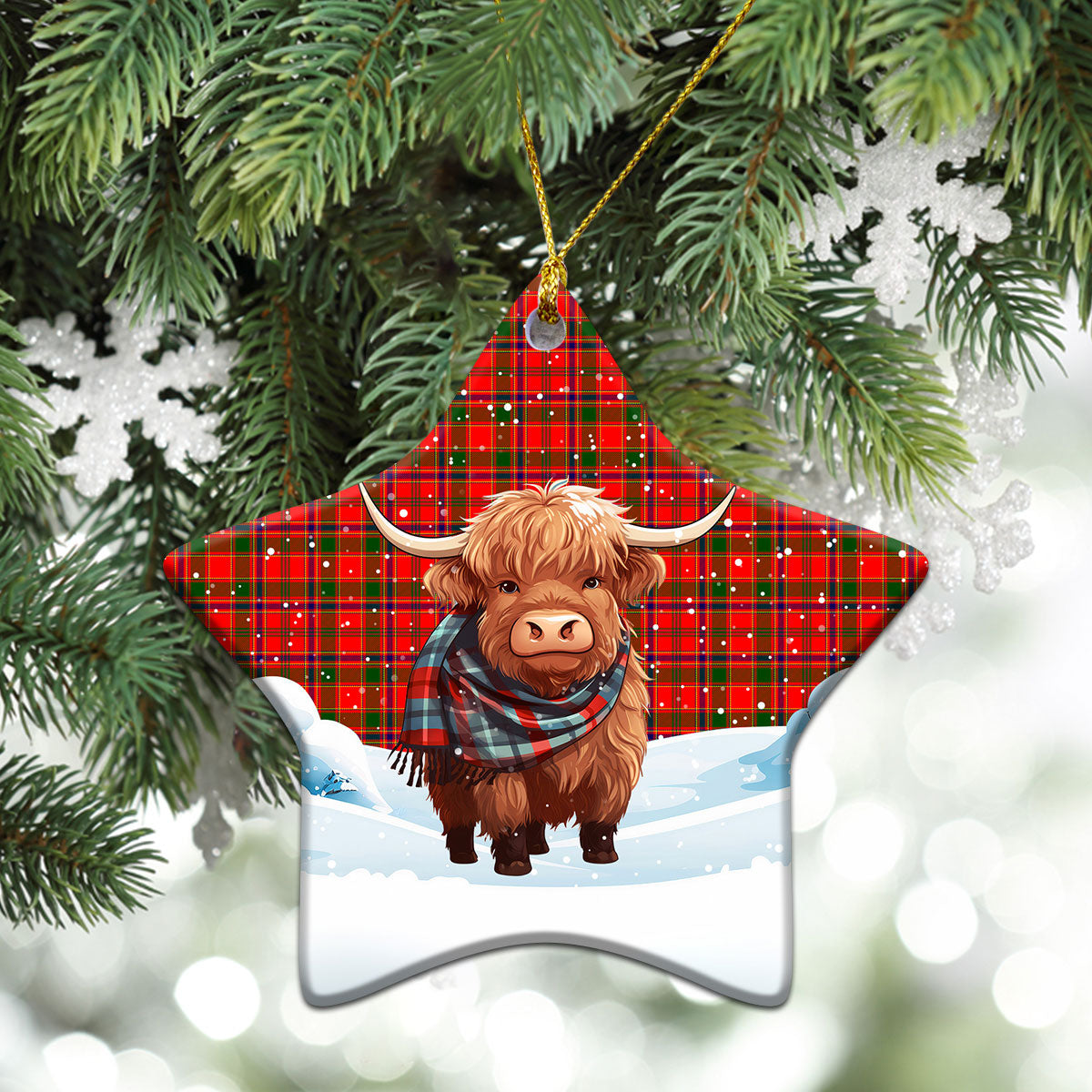 Munro Modern Tartan Christmas Ceramic Ornament - Highland Cows Snow Style