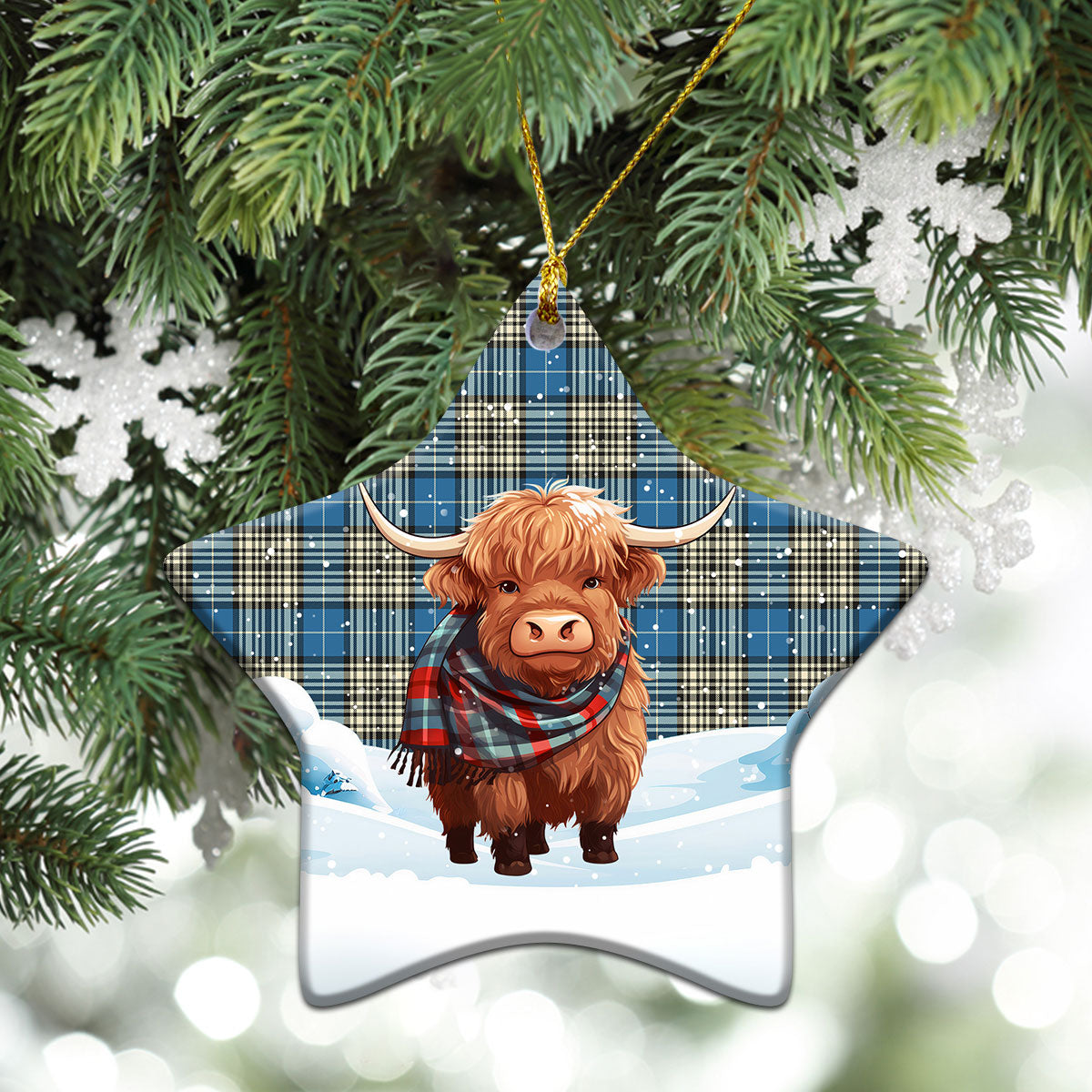 Napier Ancient Tartan Christmas Ceramic Ornament - Highland Cows Snow Style