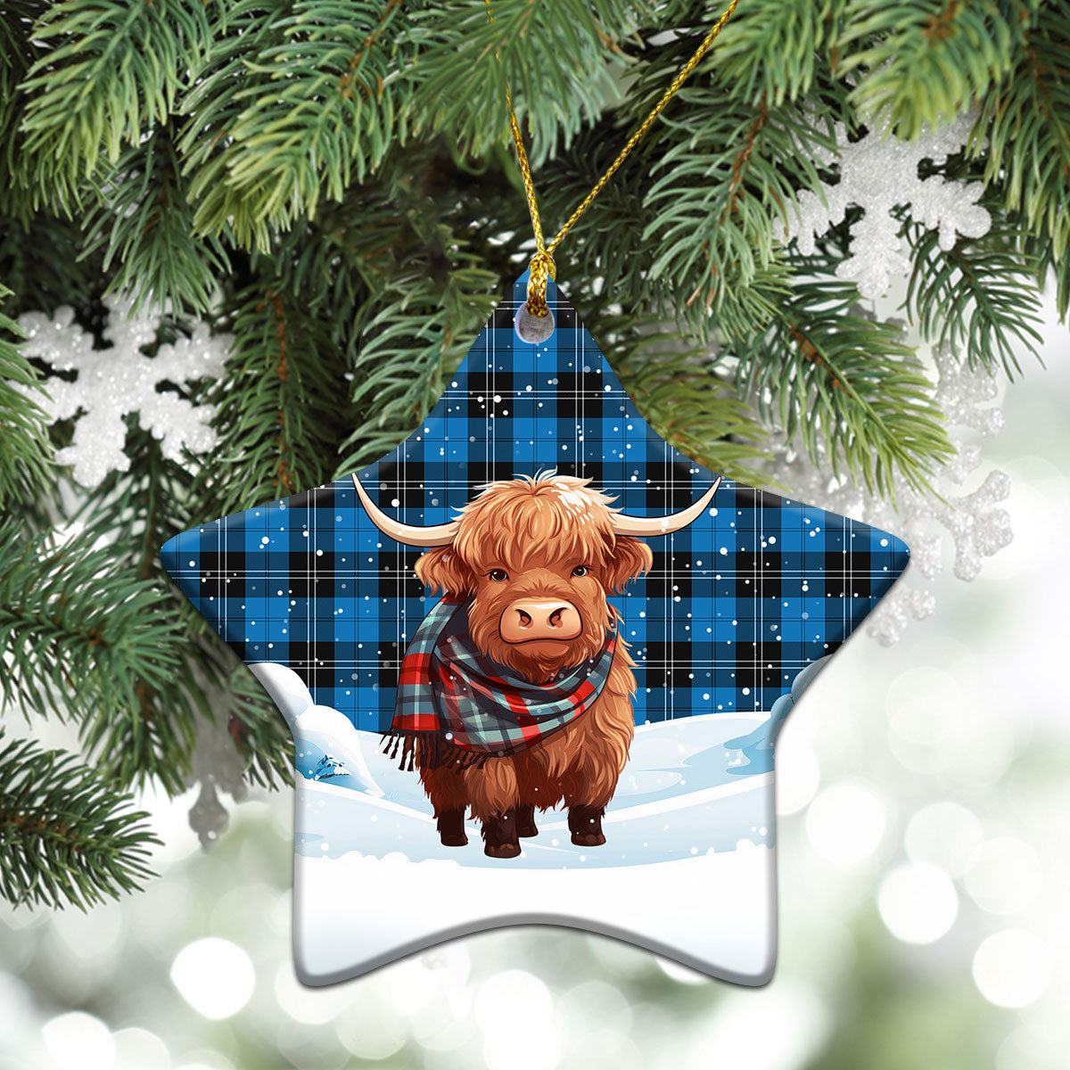 Ramsay Blue Ancient Tartan Christmas Ceramic Ornament - Highland Cows Snow Style