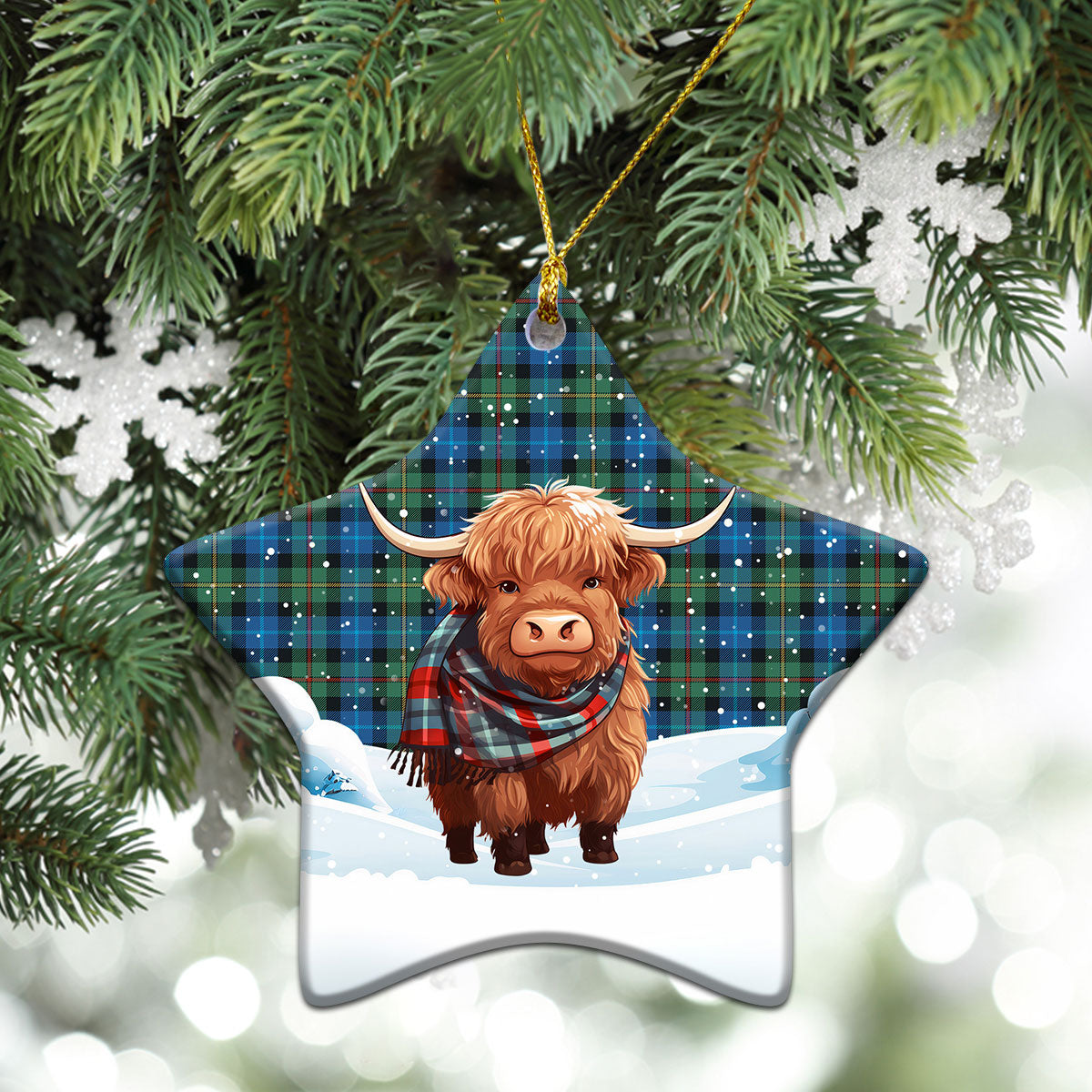 Smith Ancient Tartan Christmas Ceramic Ornament - Highland Cows Snow Style