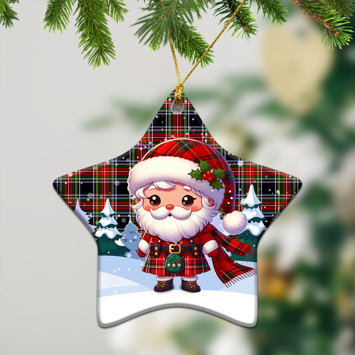 Stewart Black Tartan Christmas Ceramic Ornament - Santa Claus In Kilt Style