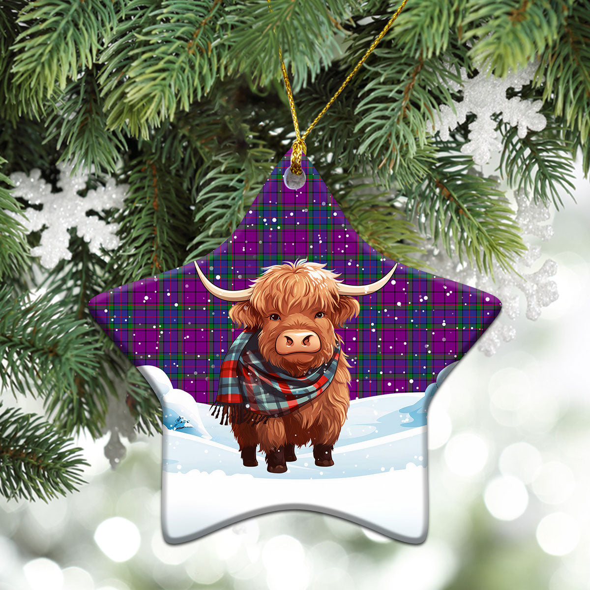 Wardlaw Modern Tartan Christmas Ceramic Ornament - Highland Cows Snow Style