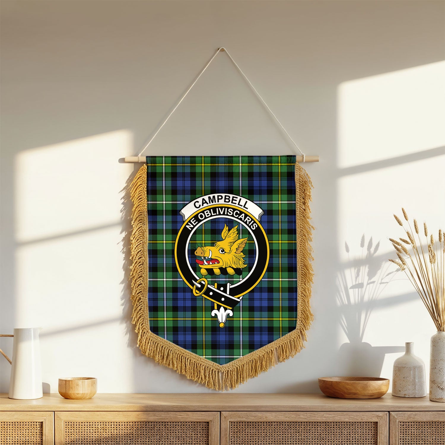 Campbell Argyll Ancient Tartan Crest Wall Hanging Banner - Wood Pole
