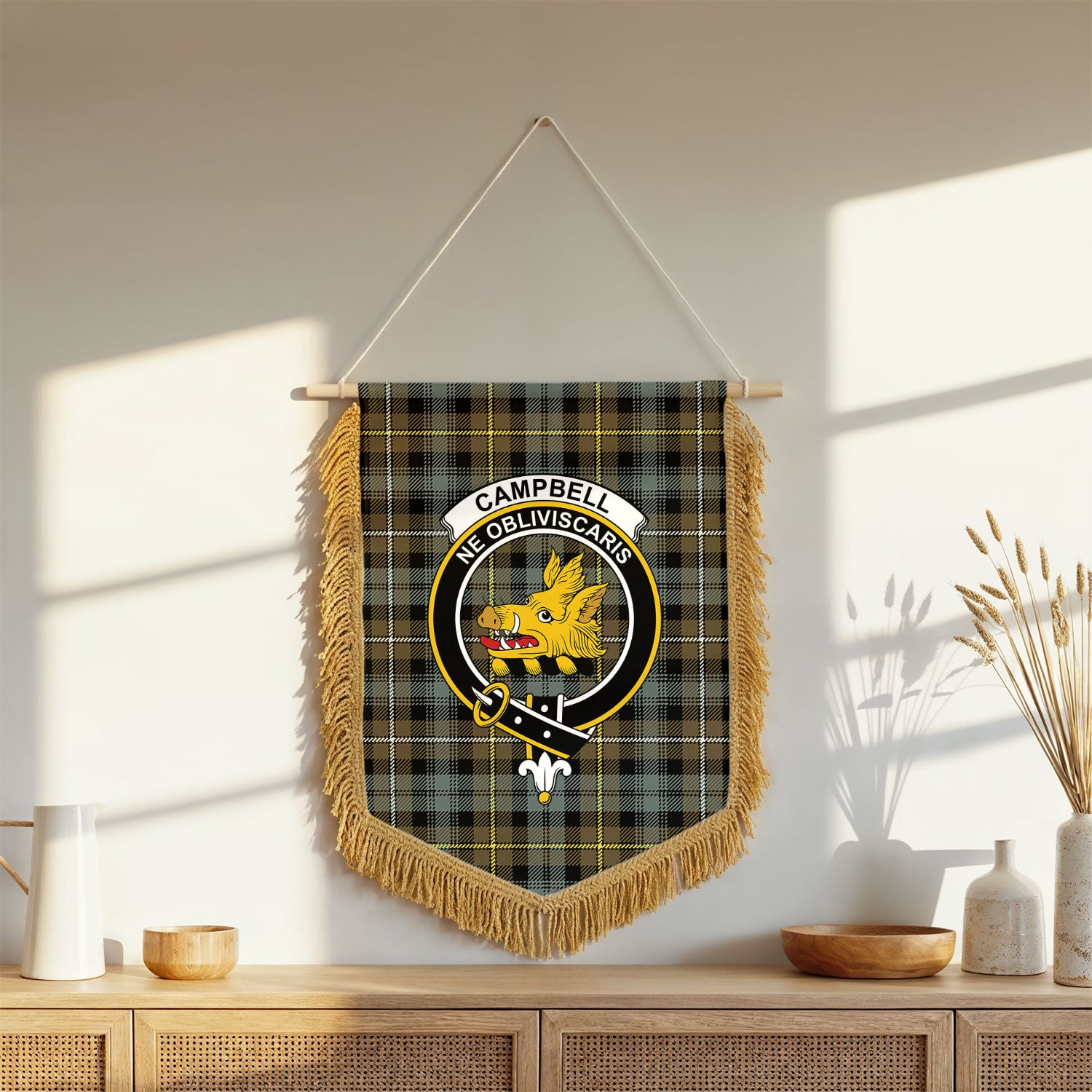 Campbell Argyll Weathered Tartan Crest Wall Hanging Banner - Wood Pole