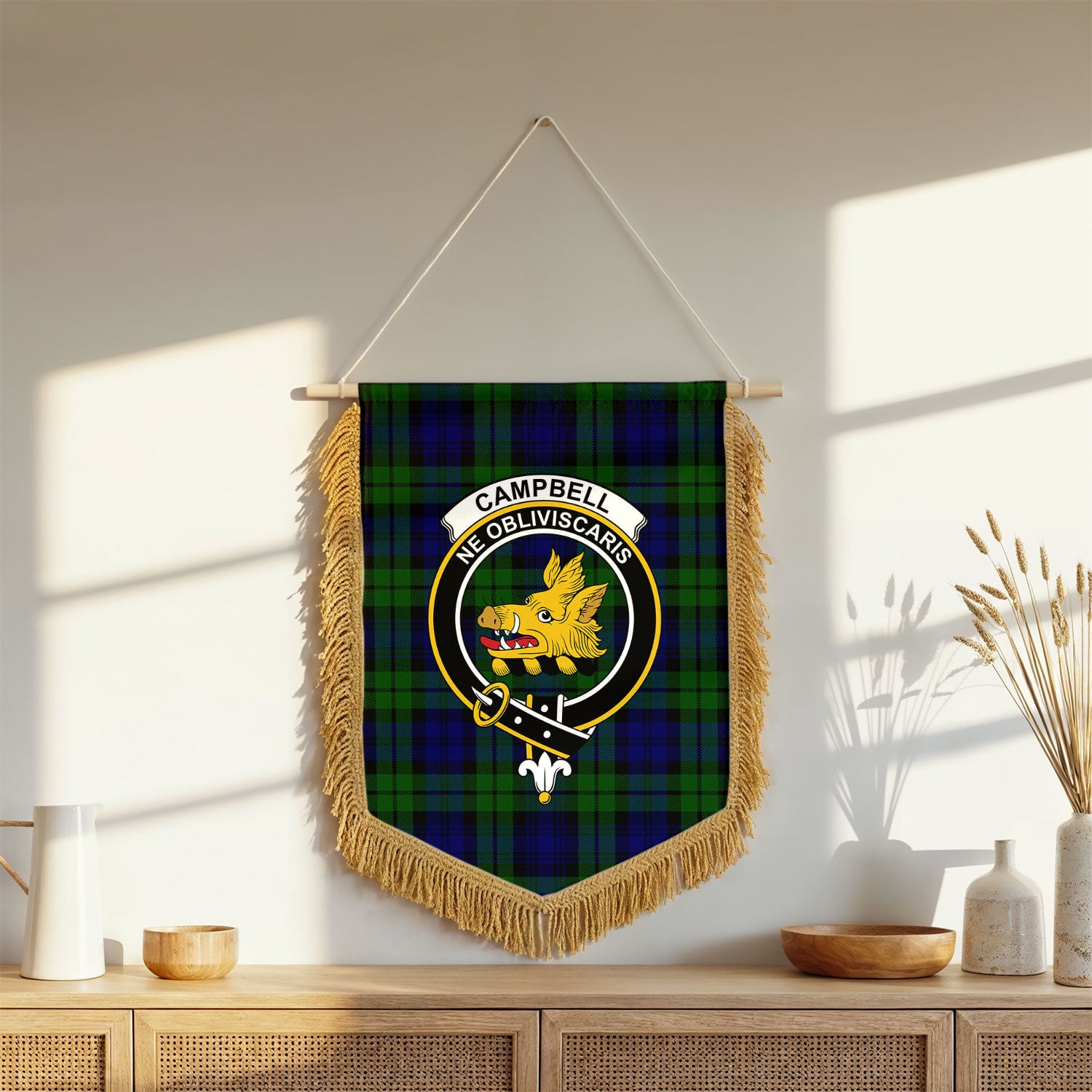 Campbell Modern Tartan Crest Wall Hanging Banner - Wood Pole