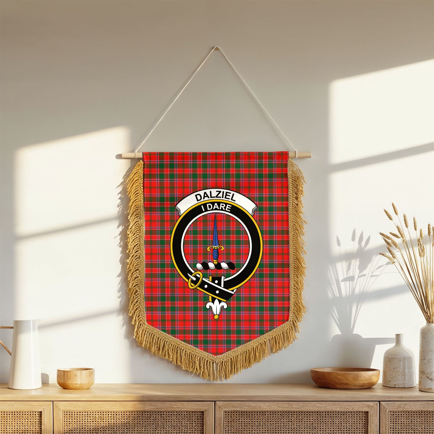 Dalziel Modern Tartan Crest Wall Hanging Banner - Wood Pole