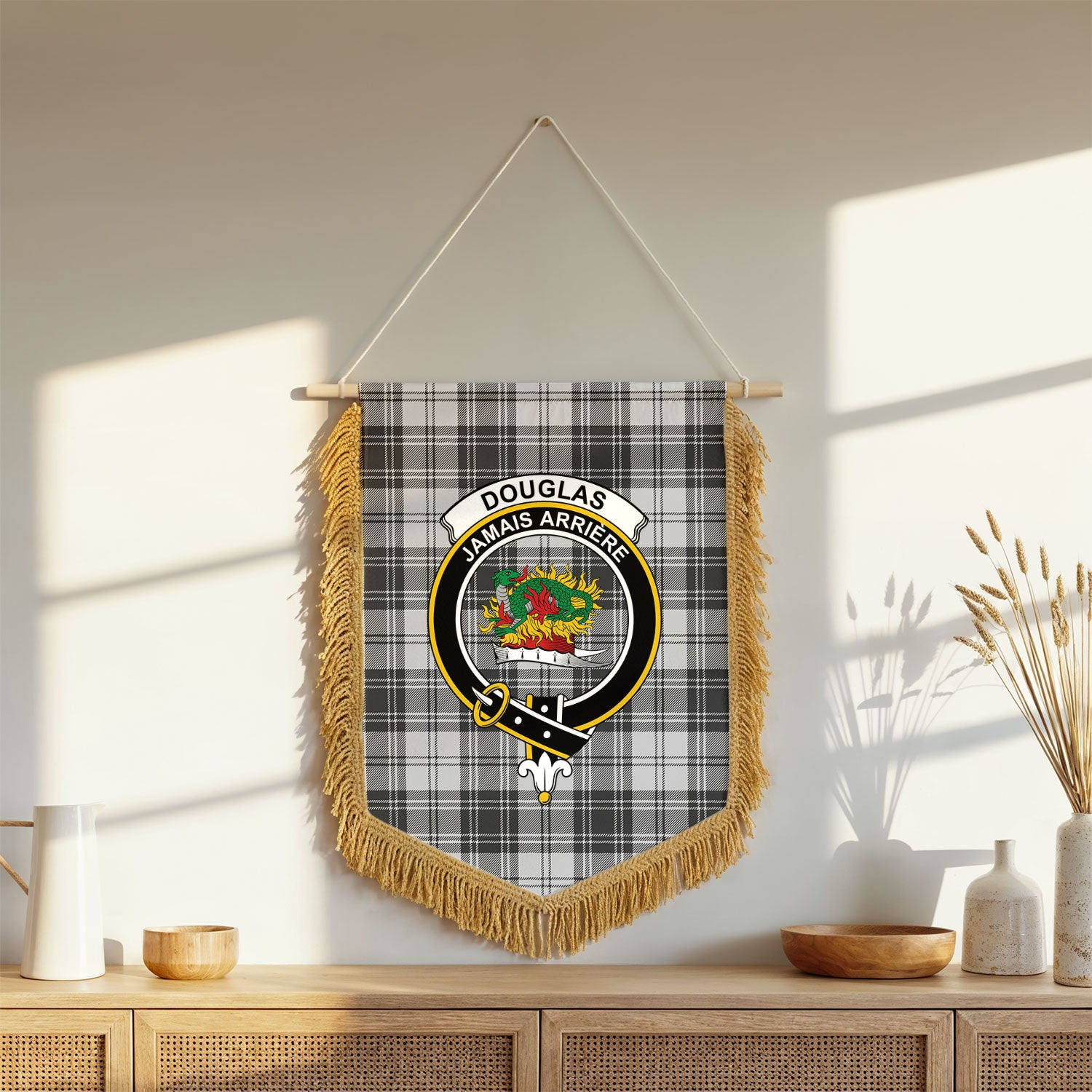 Douglas Grey Modern Tartan Crest Wall Hanging Banner - Wood Pole