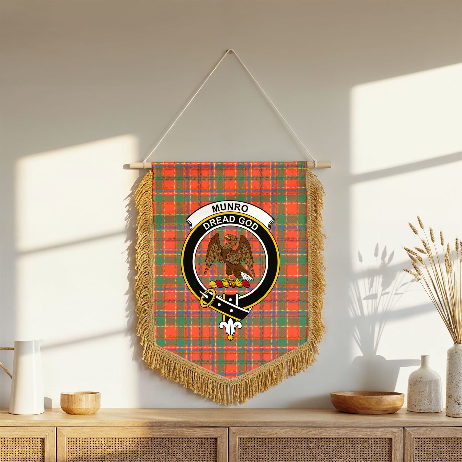 Munro Ancient Tartan Crest Wall Hanging Banner - Wood Pole