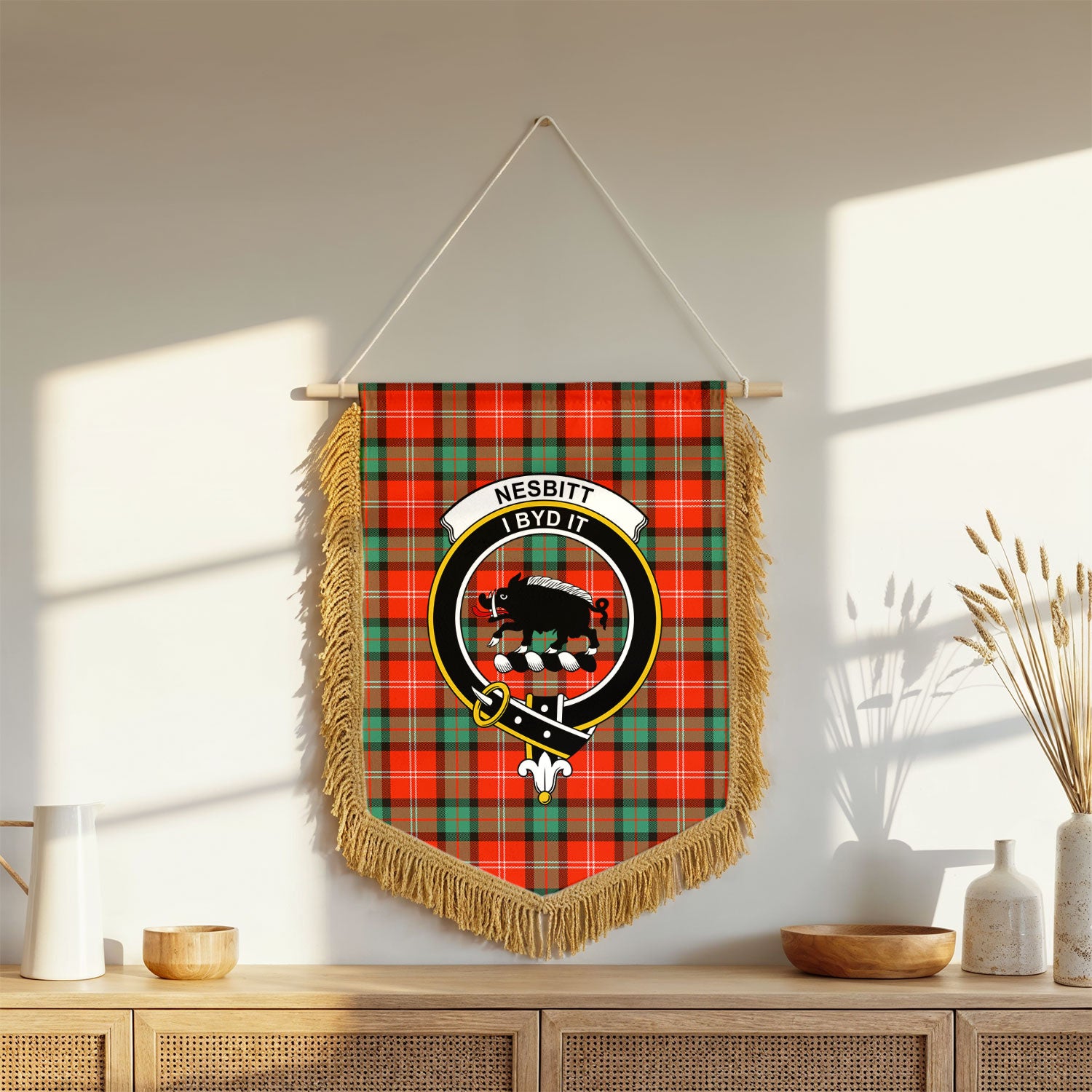 Nesbitt Ancient Tartan Crest Wall Hanging Banner - Wood Pole