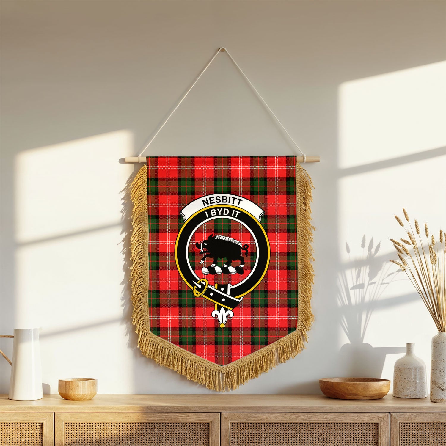 Nesbitt Modern Tartan Crest Wall Hanging Banner - Wood Pole