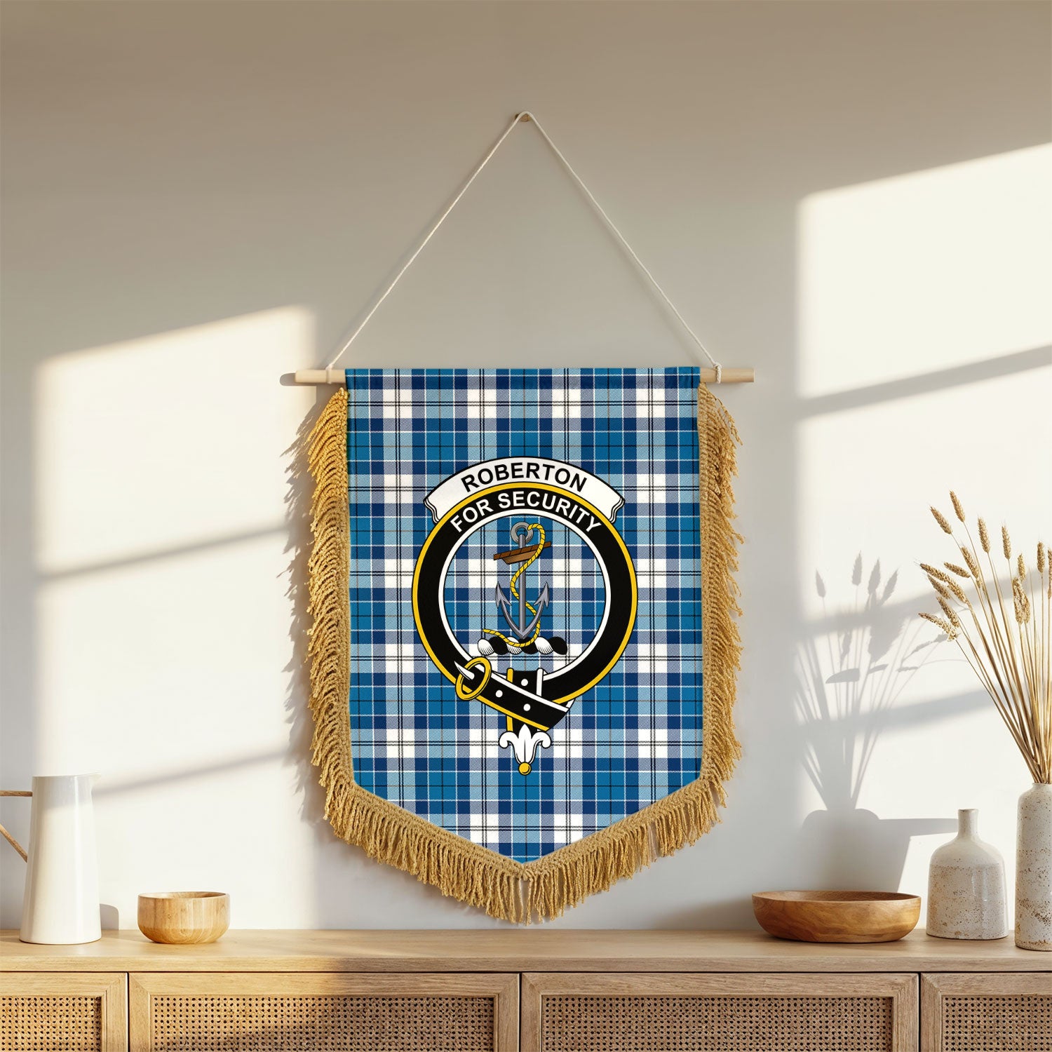 Roberton Tartan Crest Wall Hanging Banner - Wood Pole