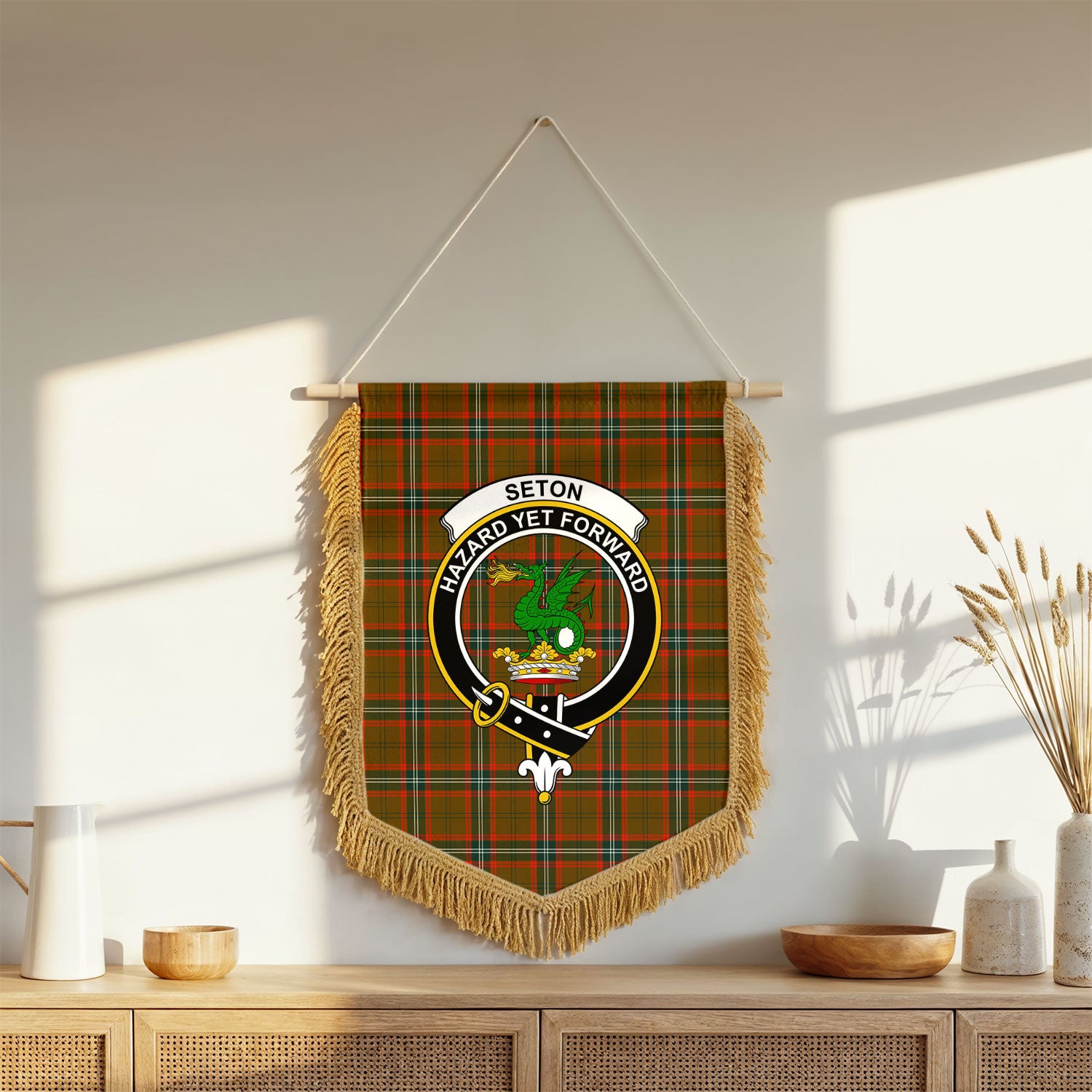 Seton Hunting Modern Tartan Crest Wall Hanging Banner - Wood Pole