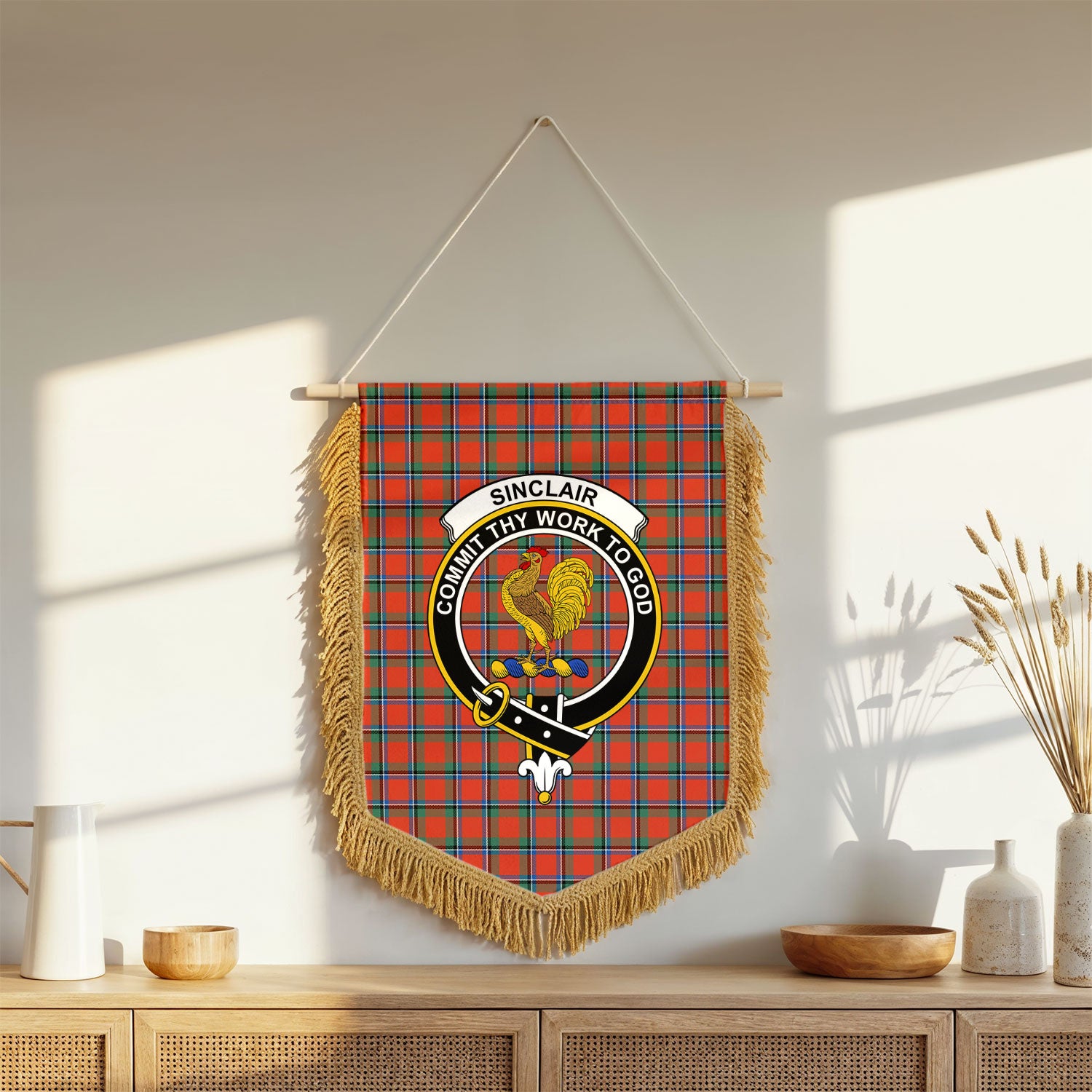 Sinclair Ancient Tartan Crest Wall Hanging Banner - Wood Pole