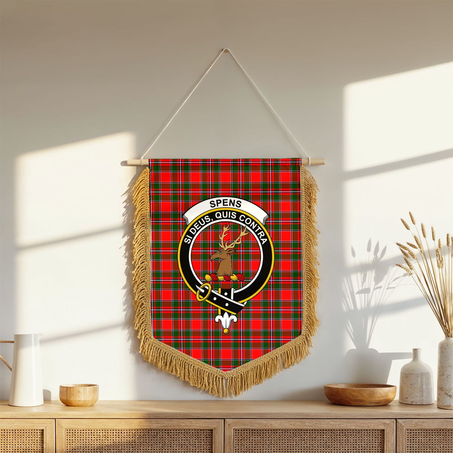 Spens (or Spence) Tartan Crest Wall Hanging Banner - Wood Pole