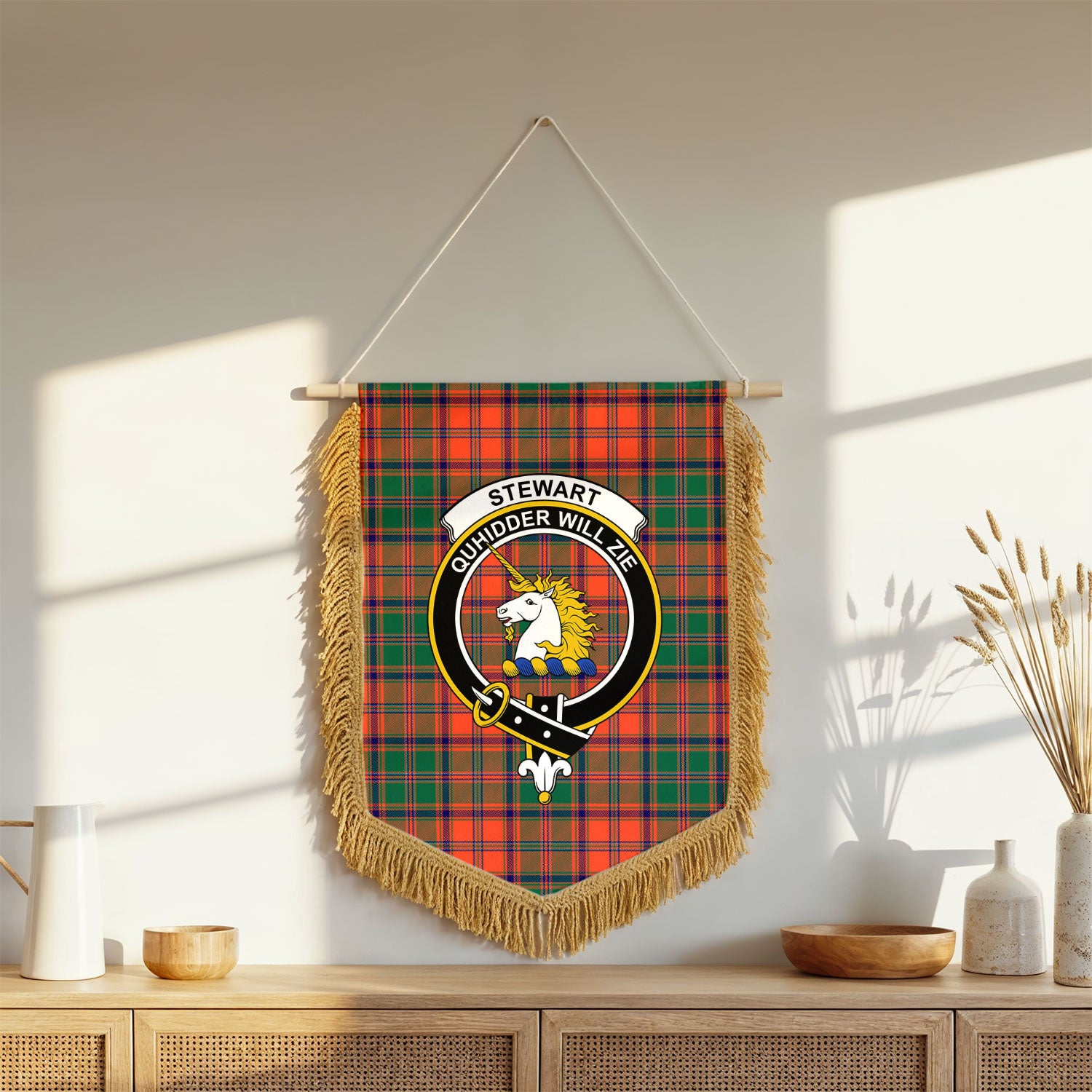 Stewart of Appin Ancient Tartan Crest Wall Hanging Banner - Wood Pole