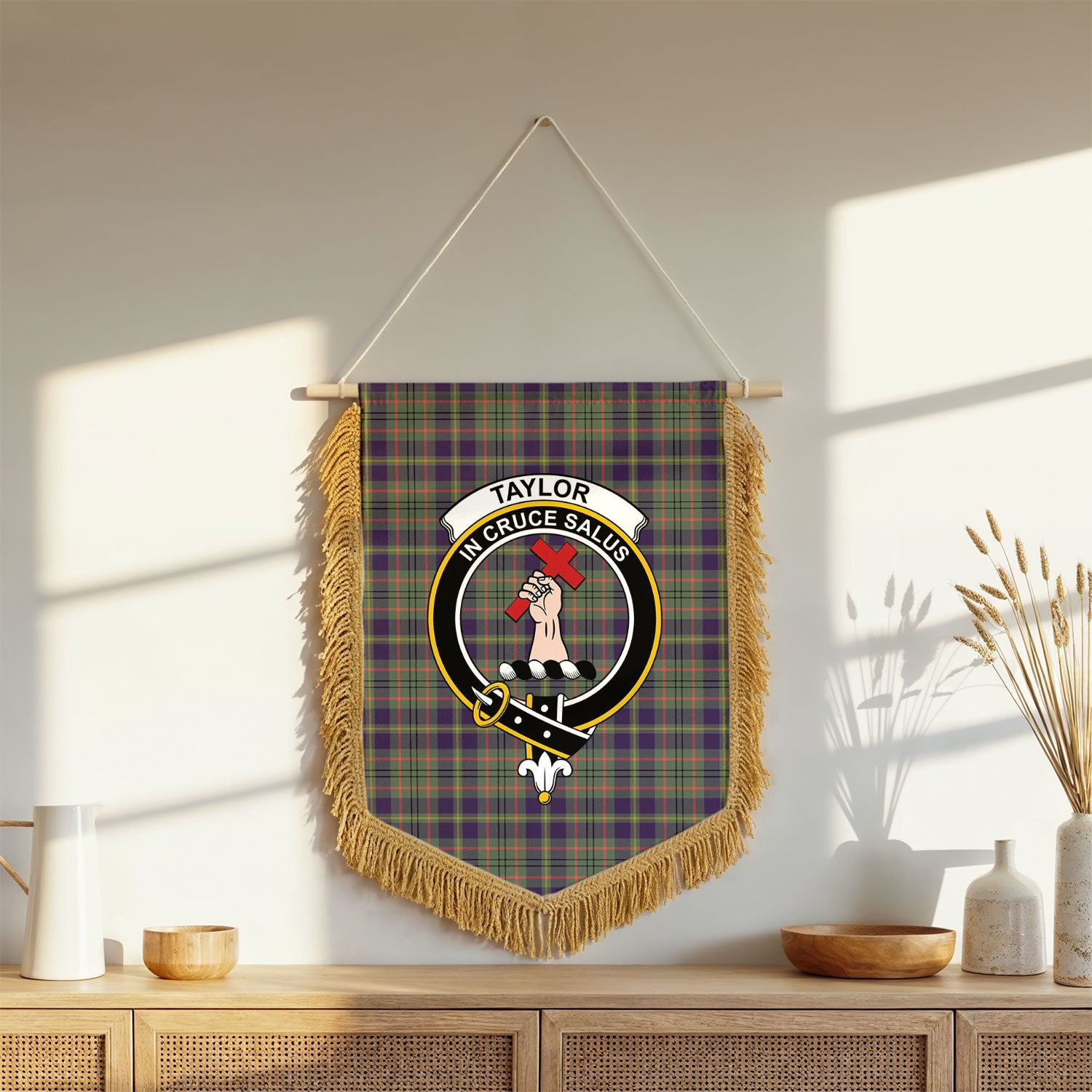 Taylor Weathered Tartan Crest Wall Hanging Banner - Wood Pole