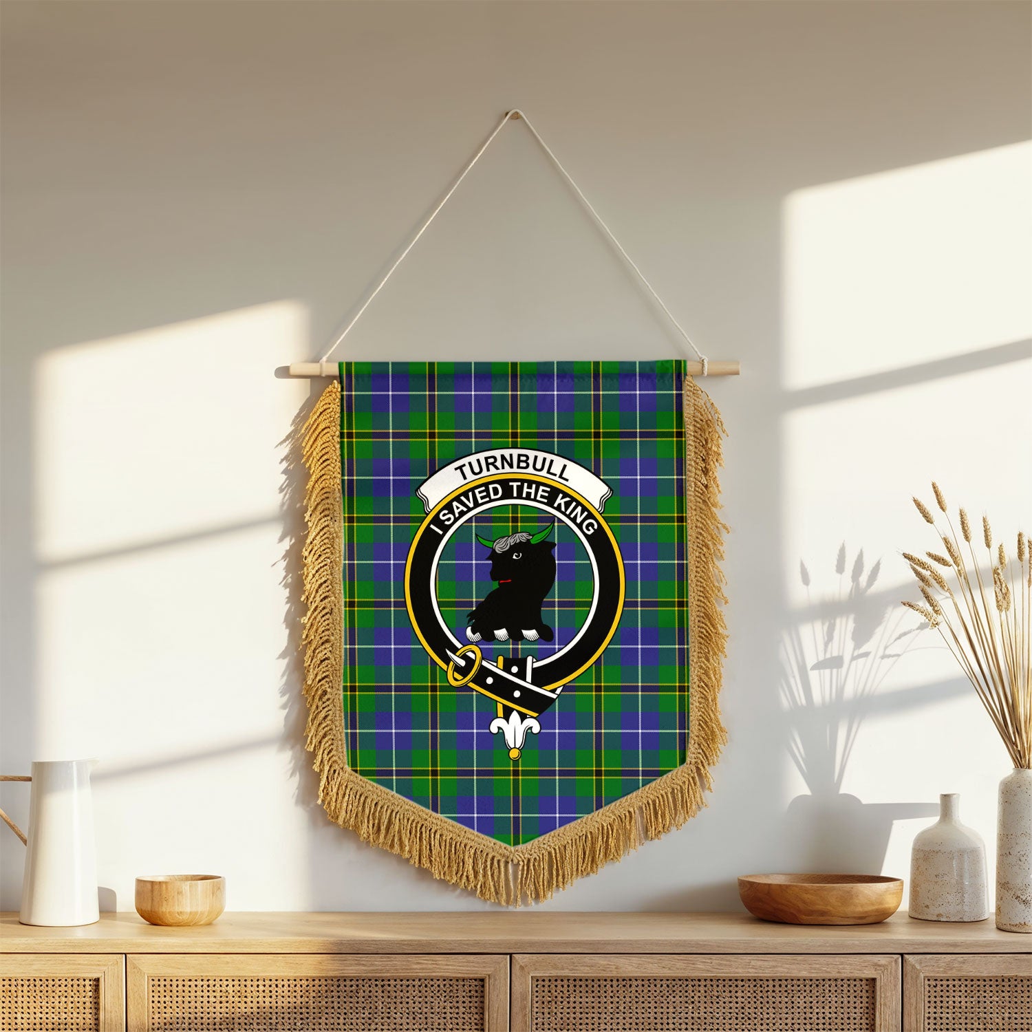 Turnbull Hunting Tartan Crest Wall Hanging Banner - Wood Pole