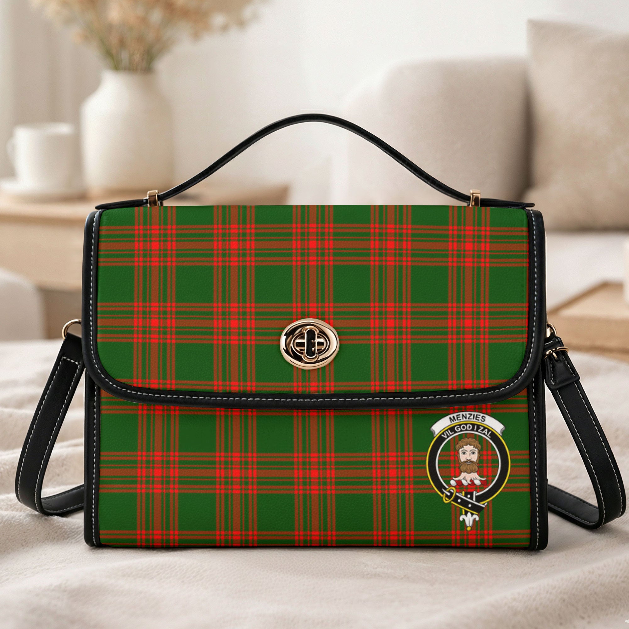 Menzies Green Modern Tartan Crest Satchel Bag