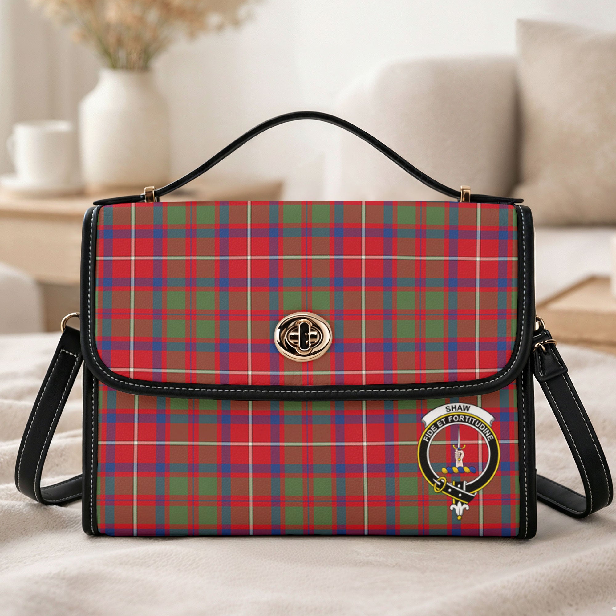 Shaw Red Modern Tartan Crest Satchel Bag