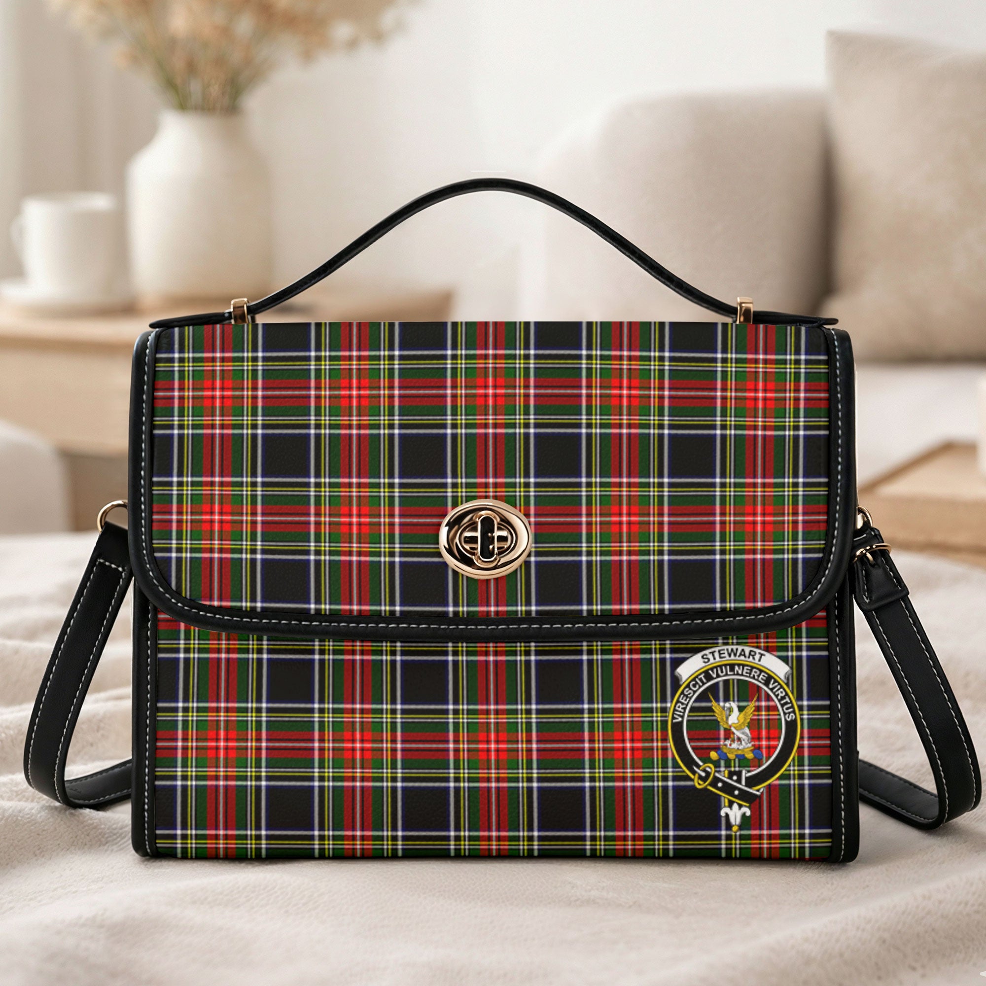 Stewart Black Tartan Crest Satchel Bag