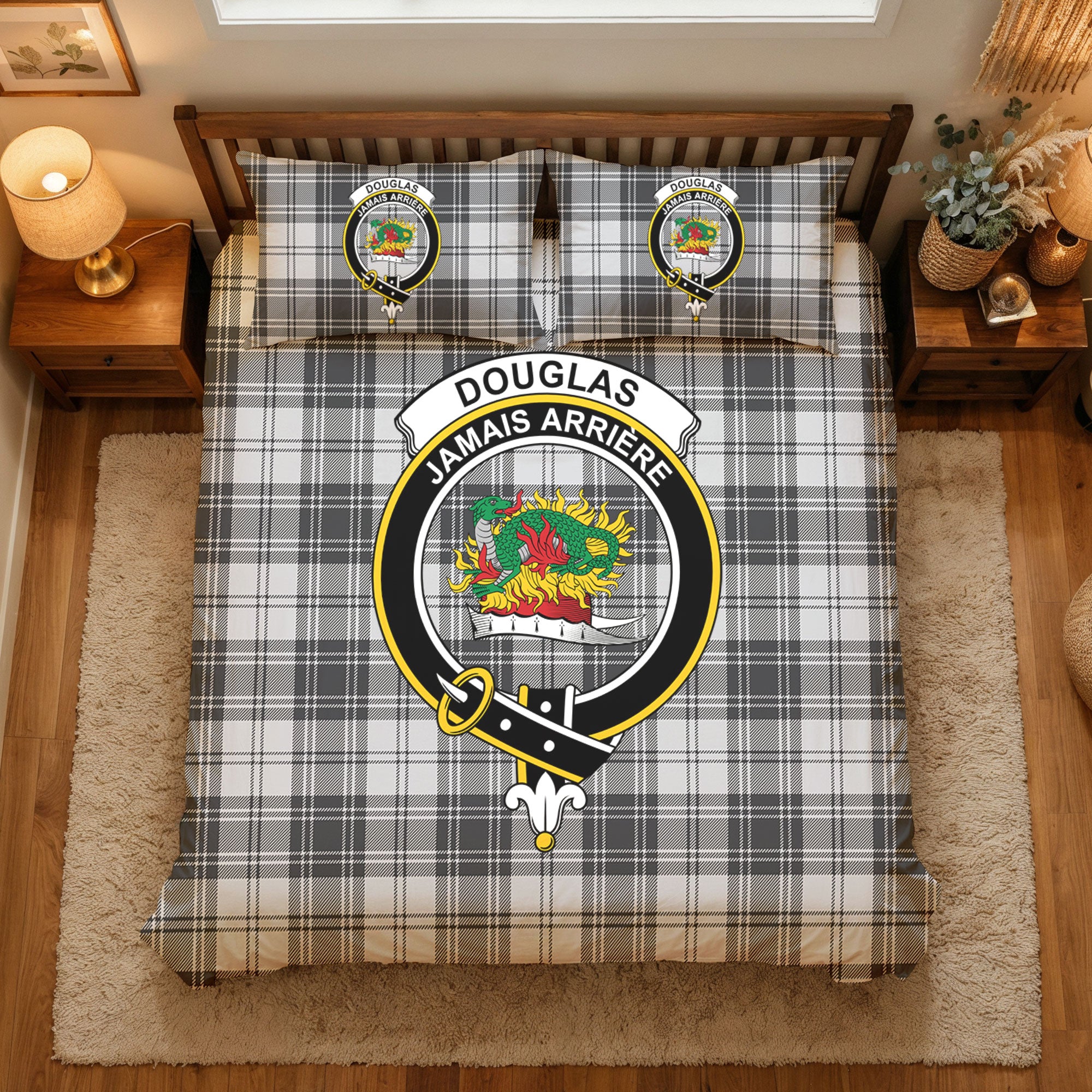Douglas Grey Modern Tartan Crest Bedding Set