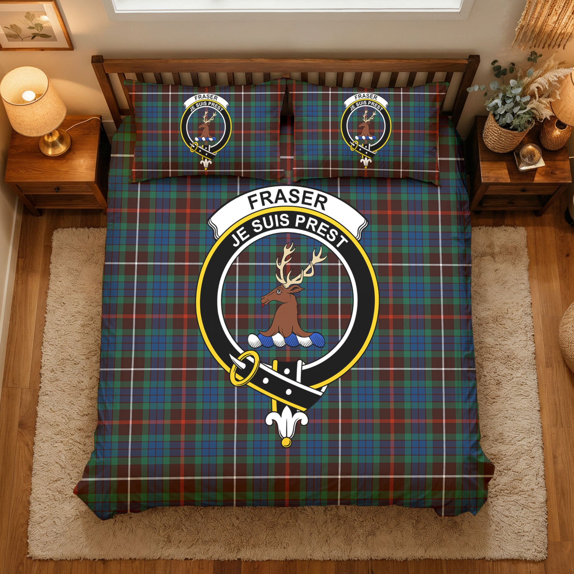 Fraser (of Lovat) Hunting Ancient Tartan Crest Bedding Set