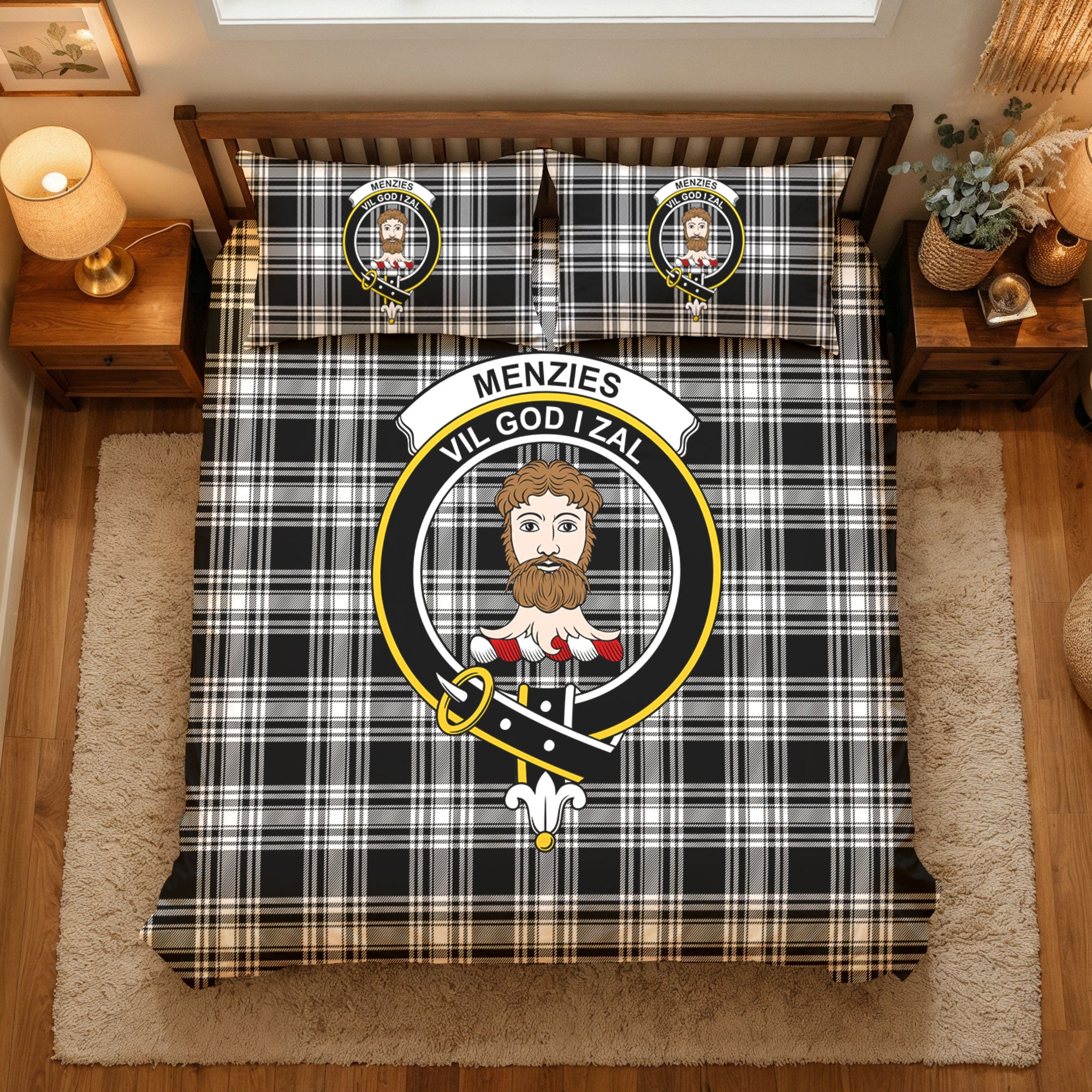 Menzies Black - White Modern Tartan Crest Bedding Set