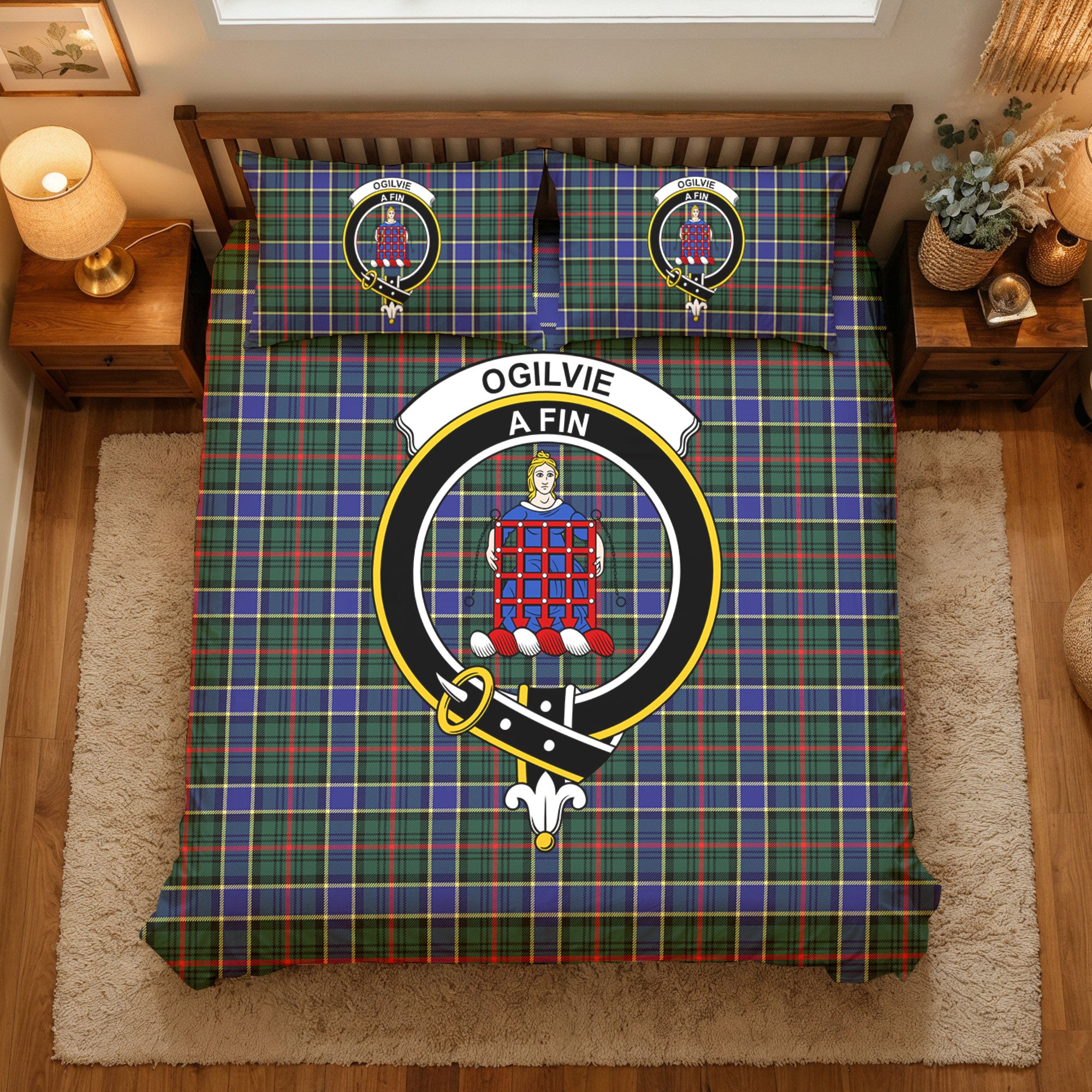 Ogilvie Hunting Modern Tartan Crest Bedding Set