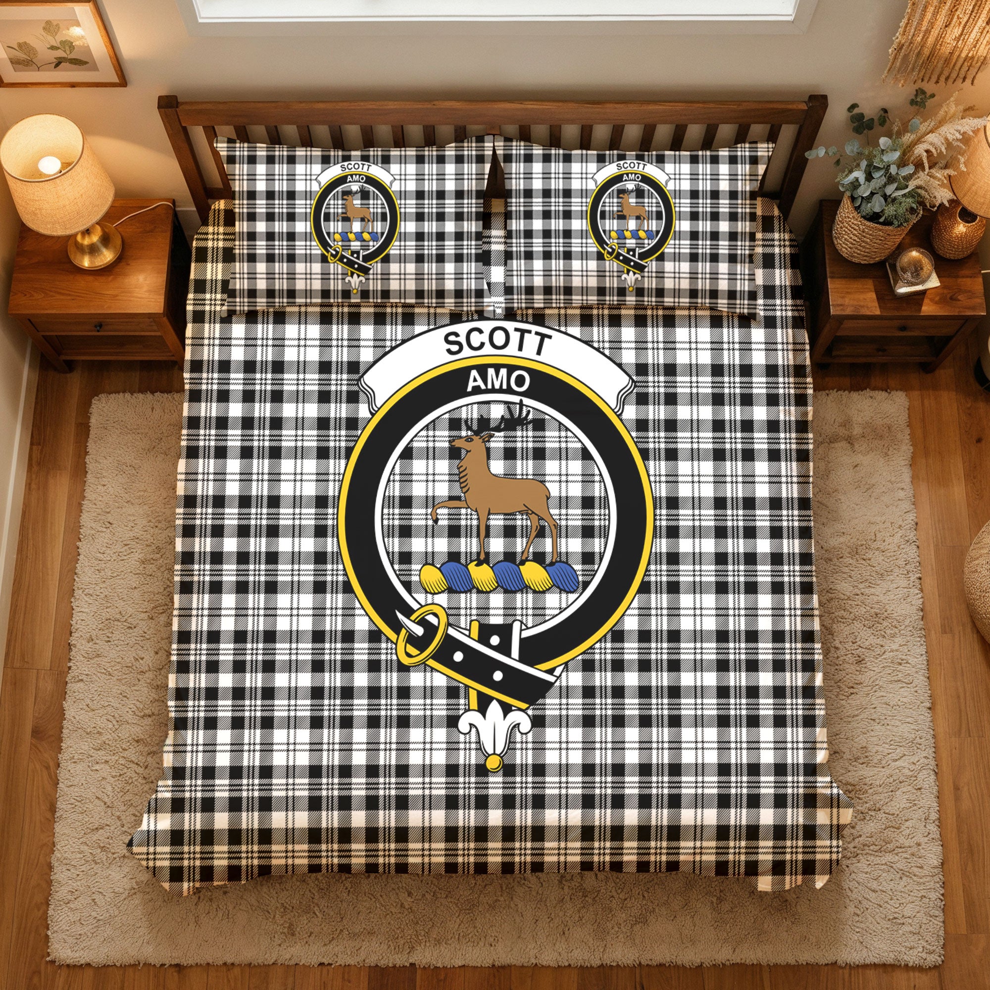 Scott Black & White Modern Tartan Crest Bedding Set