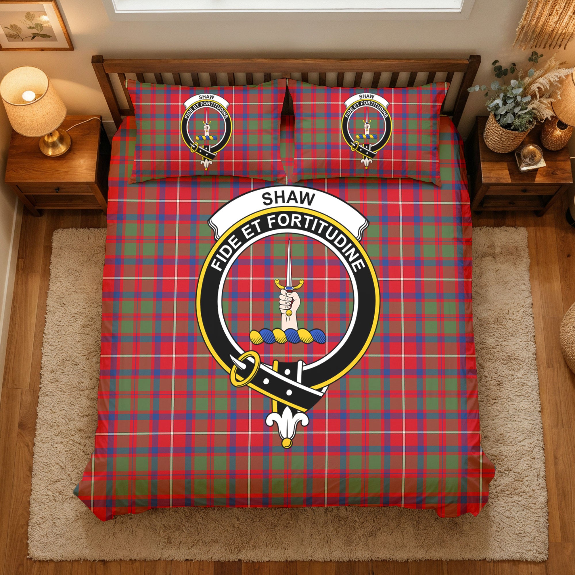 Shaw Red Modern Tartan Crest Bedding Set