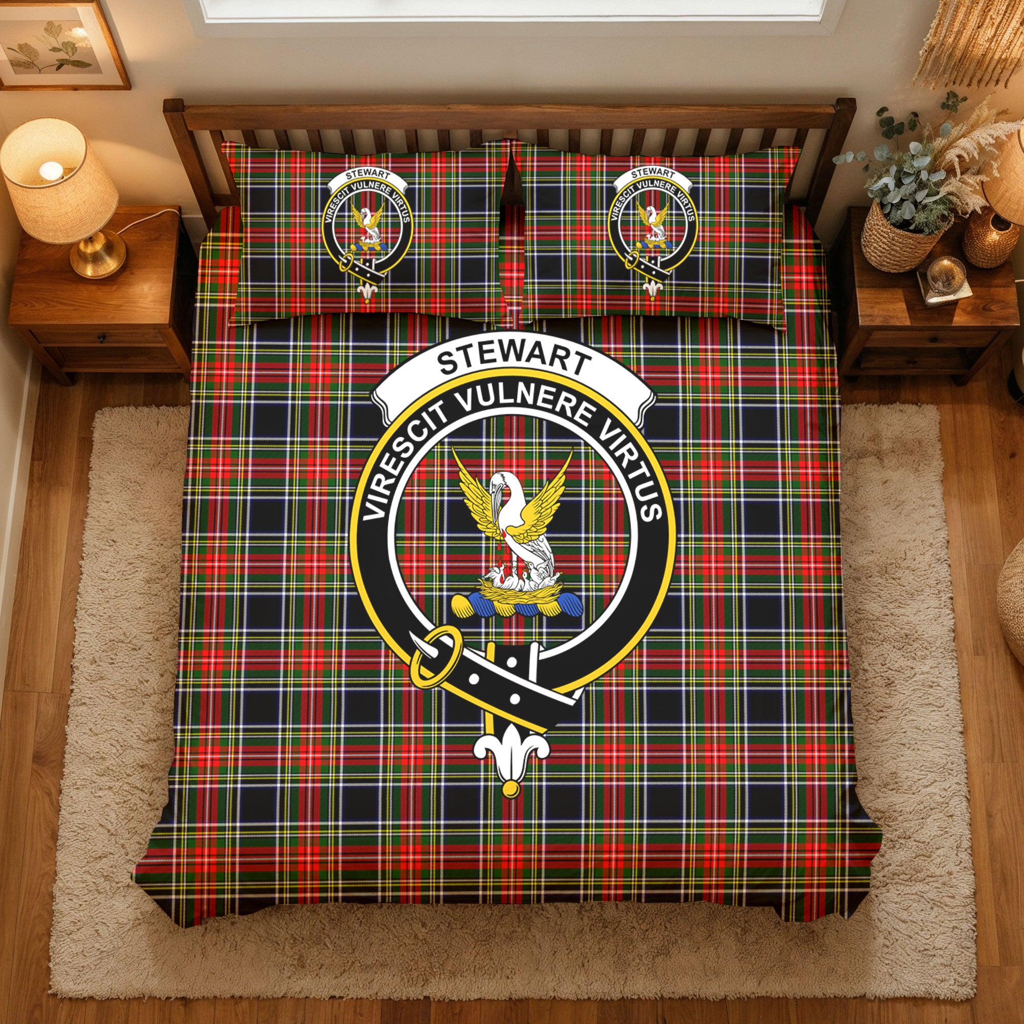 Stewart Black Tartan Crest Bedding Set