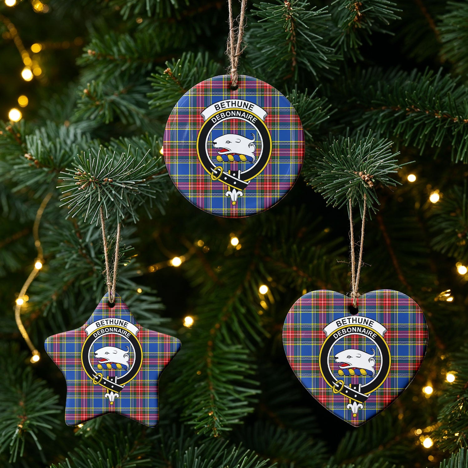 Bethune Modern Tartan Crest Christmas Ceramic Ornament