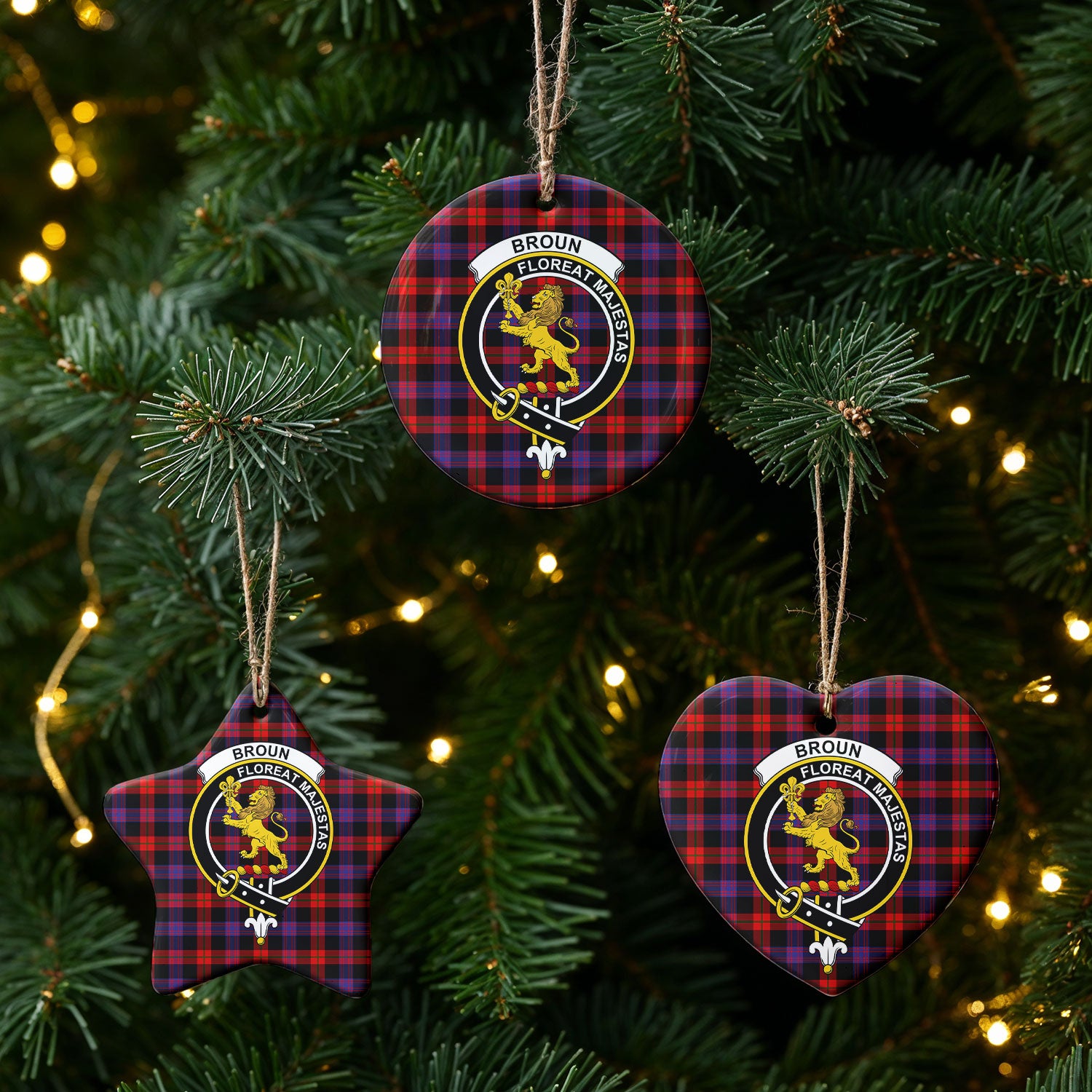 Broun Modern Tartan Crest Christmas Ceramic Ornament
