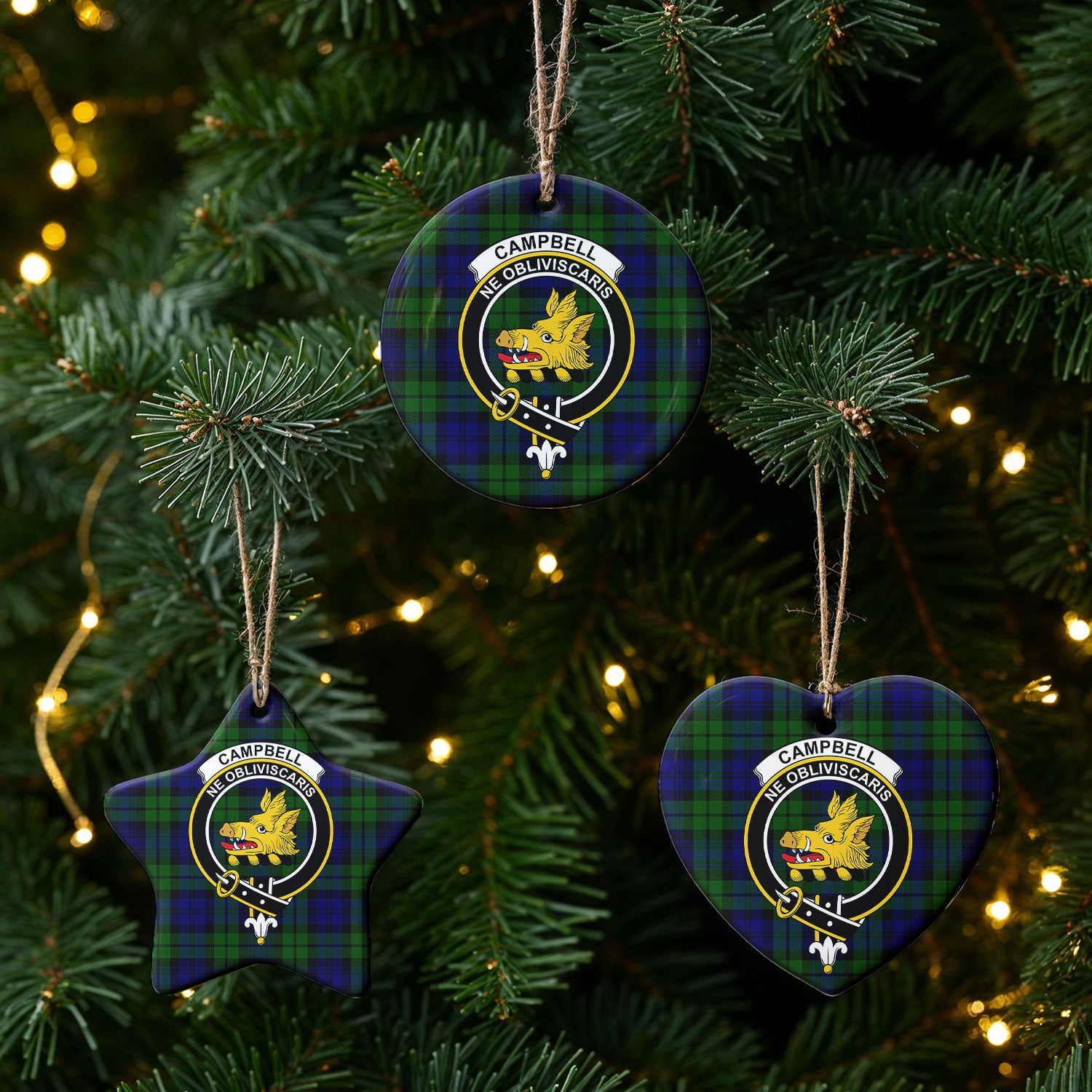 Campbell Modern Tartan Crest Christmas Ceramic Ornament