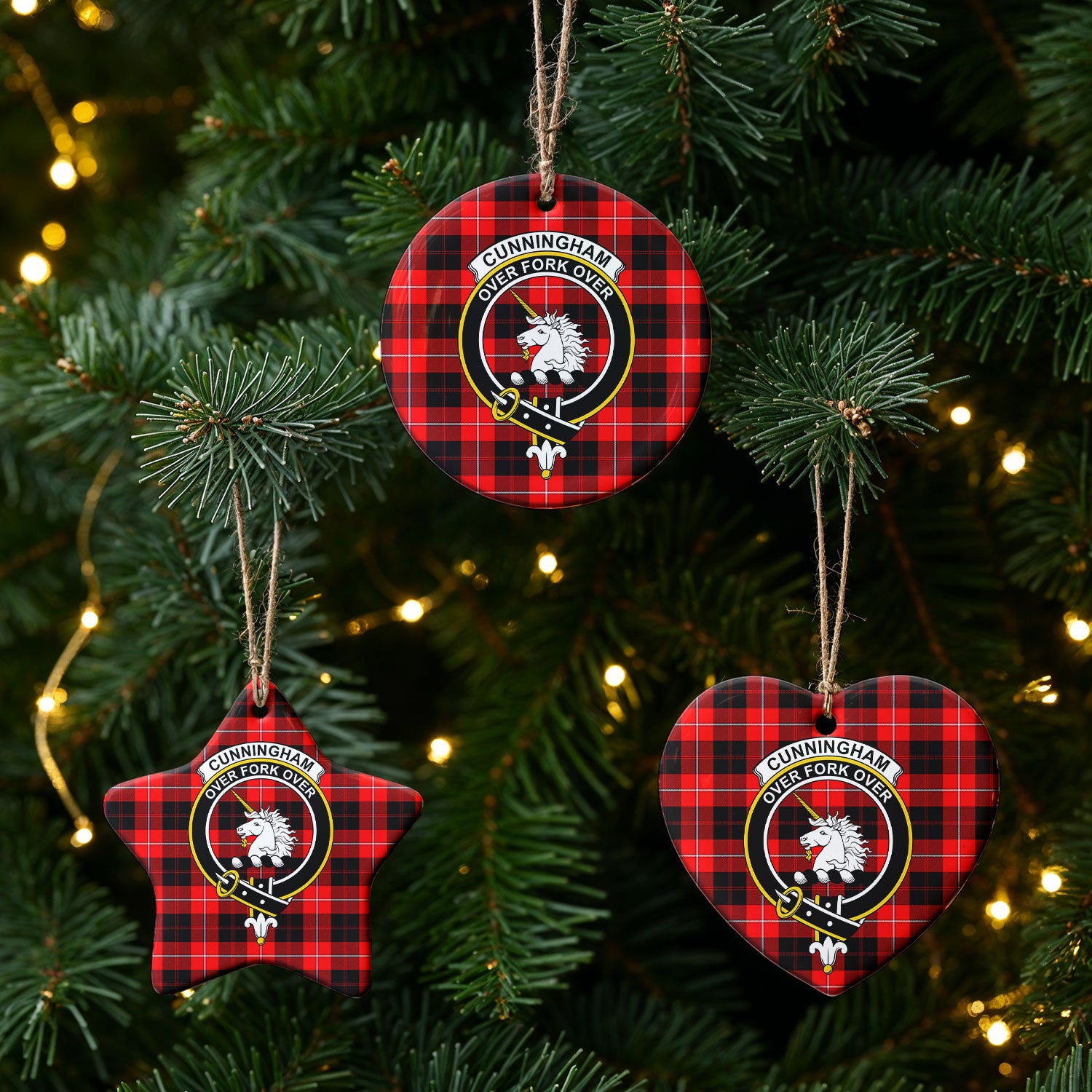 Cunningham Modern Tartan Crest Christmas Ceramic Ornament