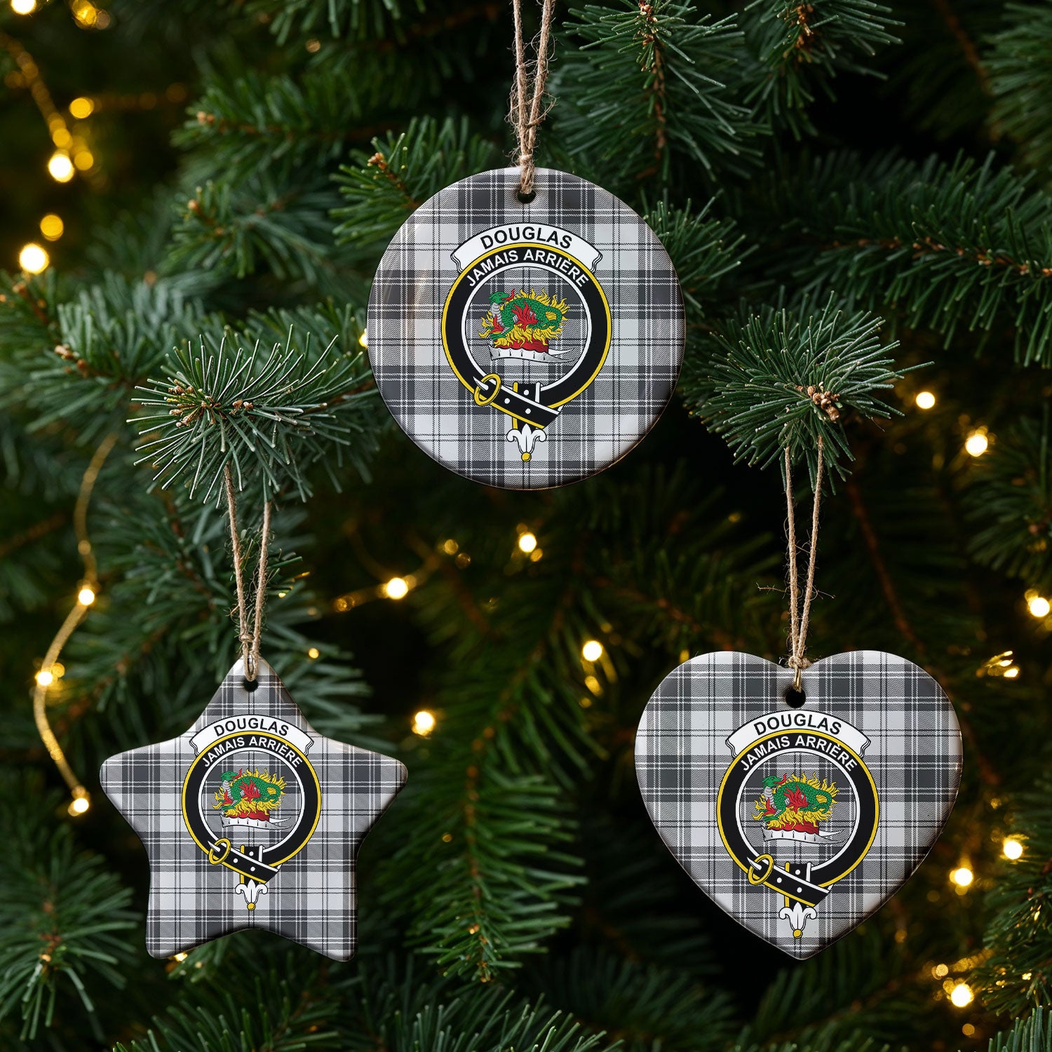 Douglas Grey Modern Tartan Crest Christmas Ceramic Ornament