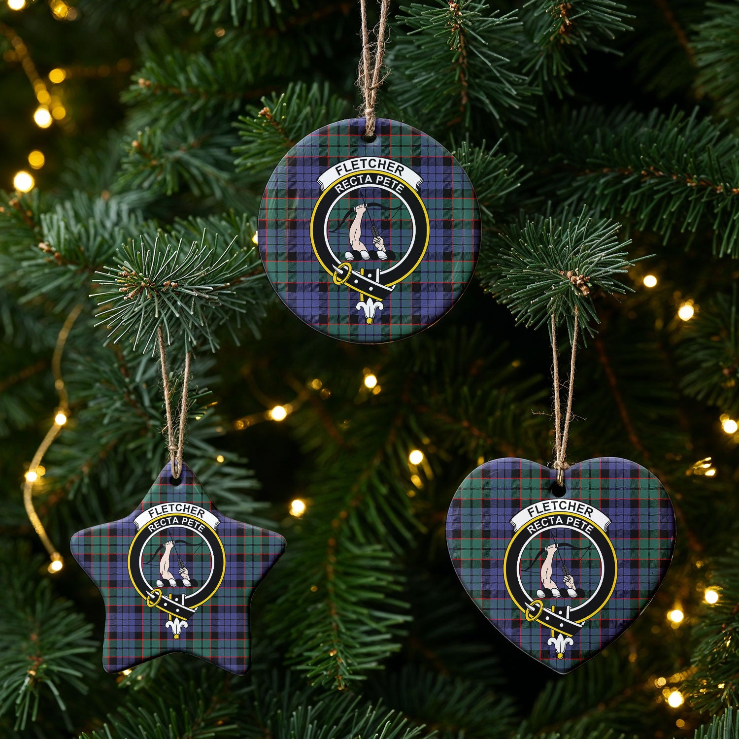 Fletcher Modern Tartan Crest Christmas Ceramic Ornament