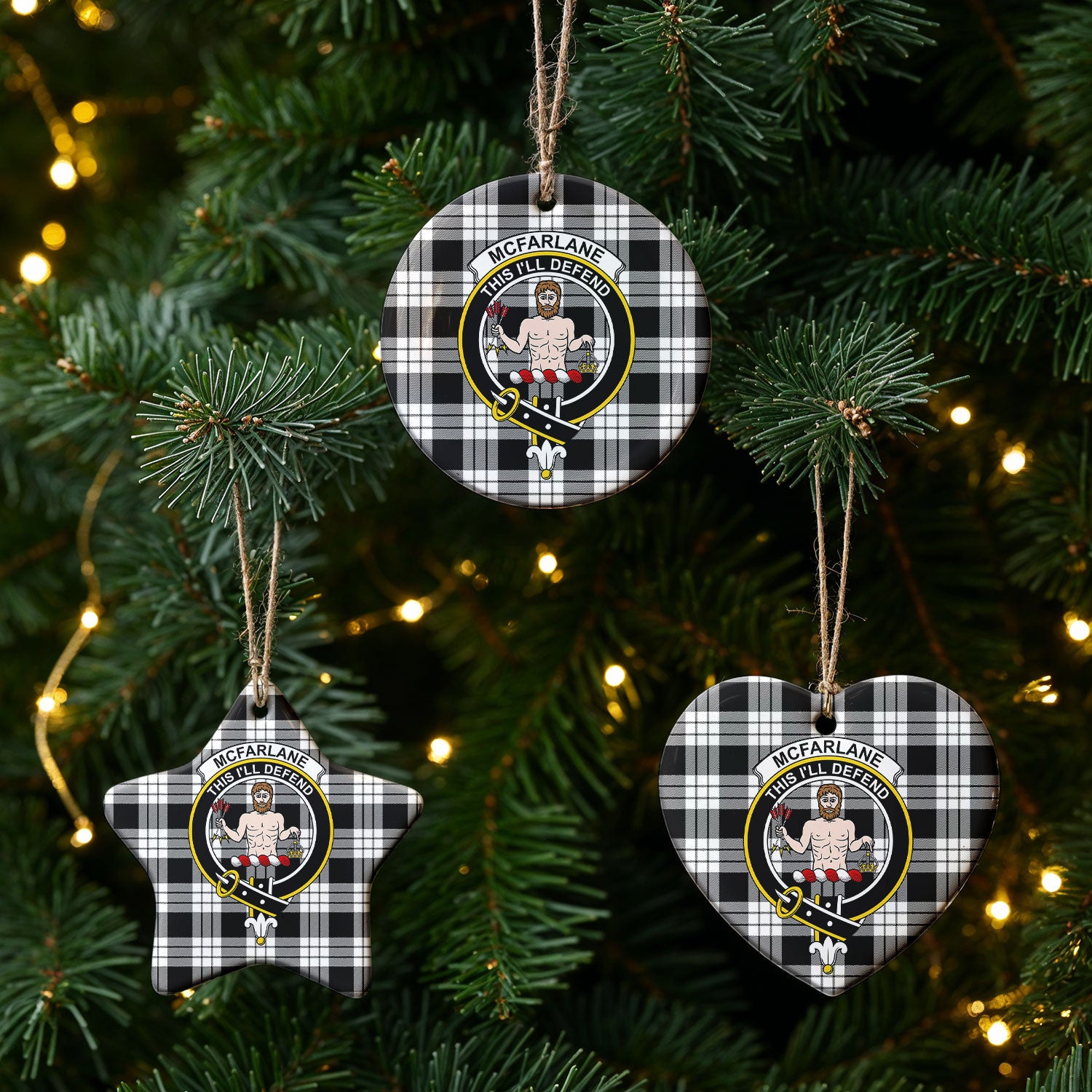 McFarlane Black - White Tartan Crest Christmas Ceramic Ornament