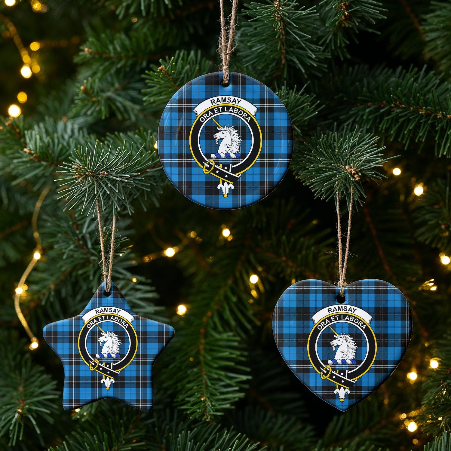 Ramsay Blue Ancient Tartan Crest Christmas Ceramic Ornament