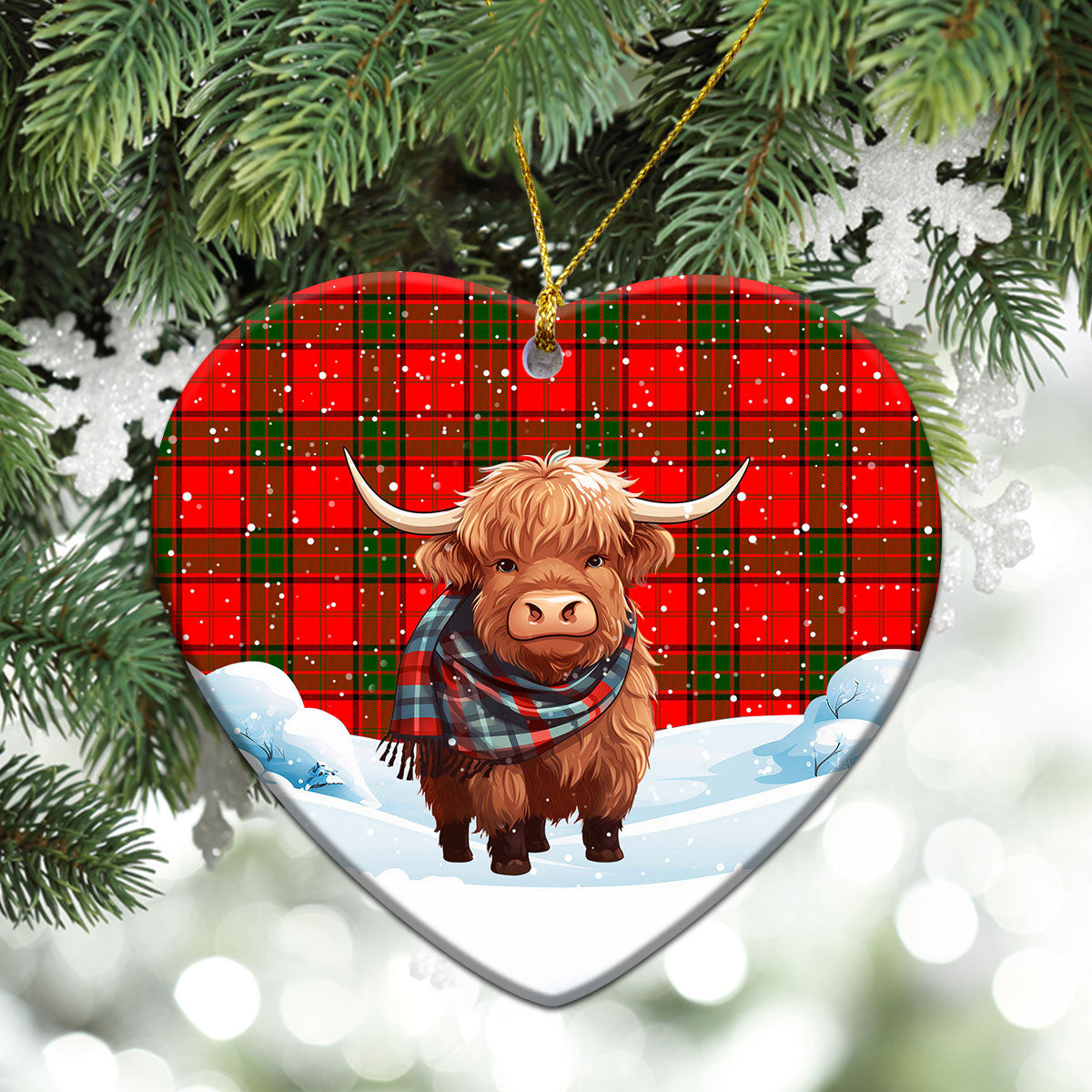 Adair Modern Tartan Christmas Ceramic Ornament - Highland Cows Snow Style