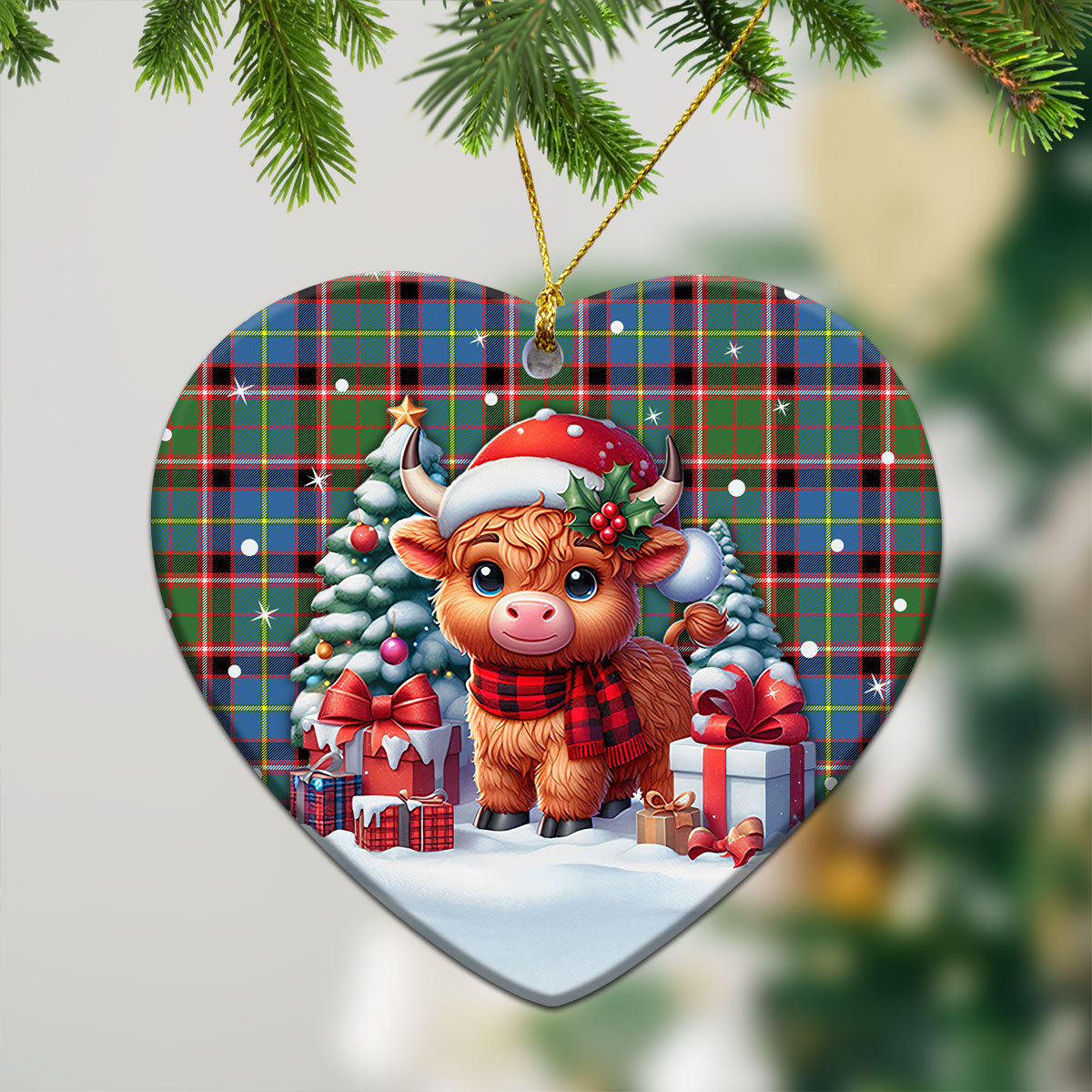 Aikenhead Tartan Christmas Ceramic Ornament - Highland Cow Winter Style