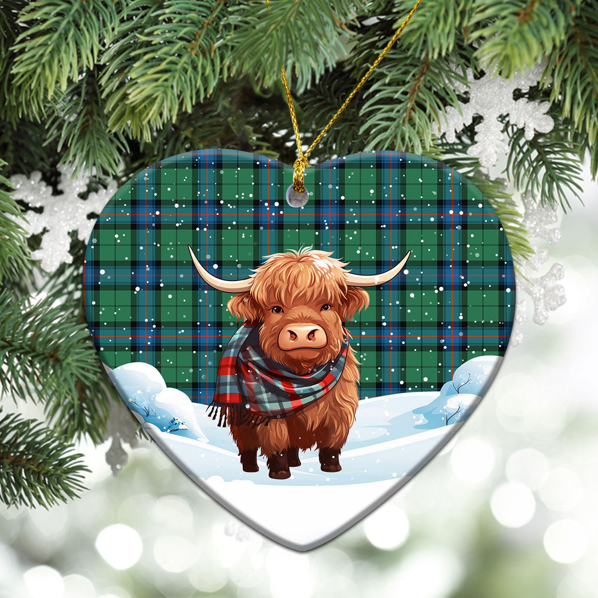 Armstrong Ancient Tartan Christmas Ceramic Ornament - Highland Cows Snow Style