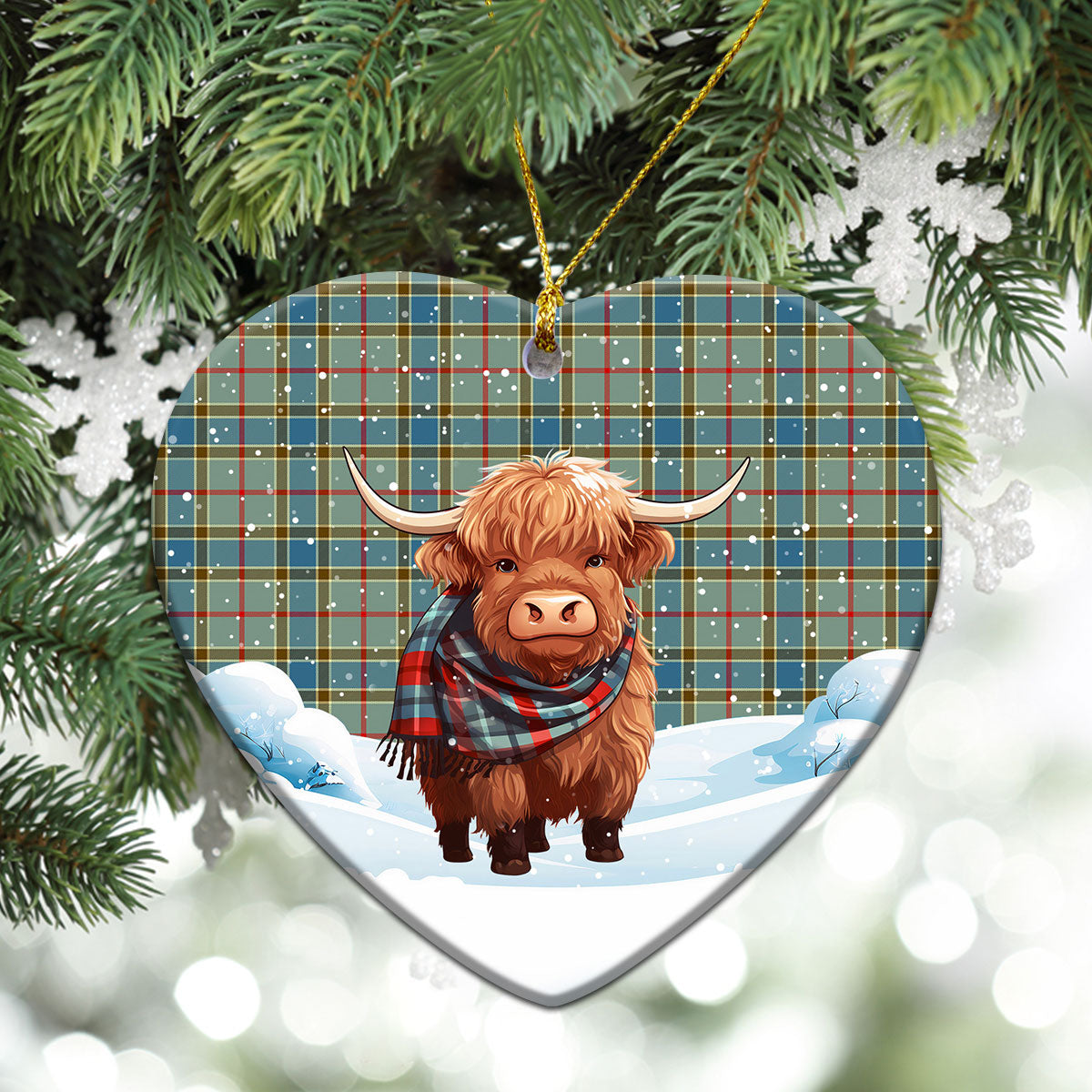 Balfour Blue Tartan Christmas Ceramic Ornament - Highland Cows Snow Style