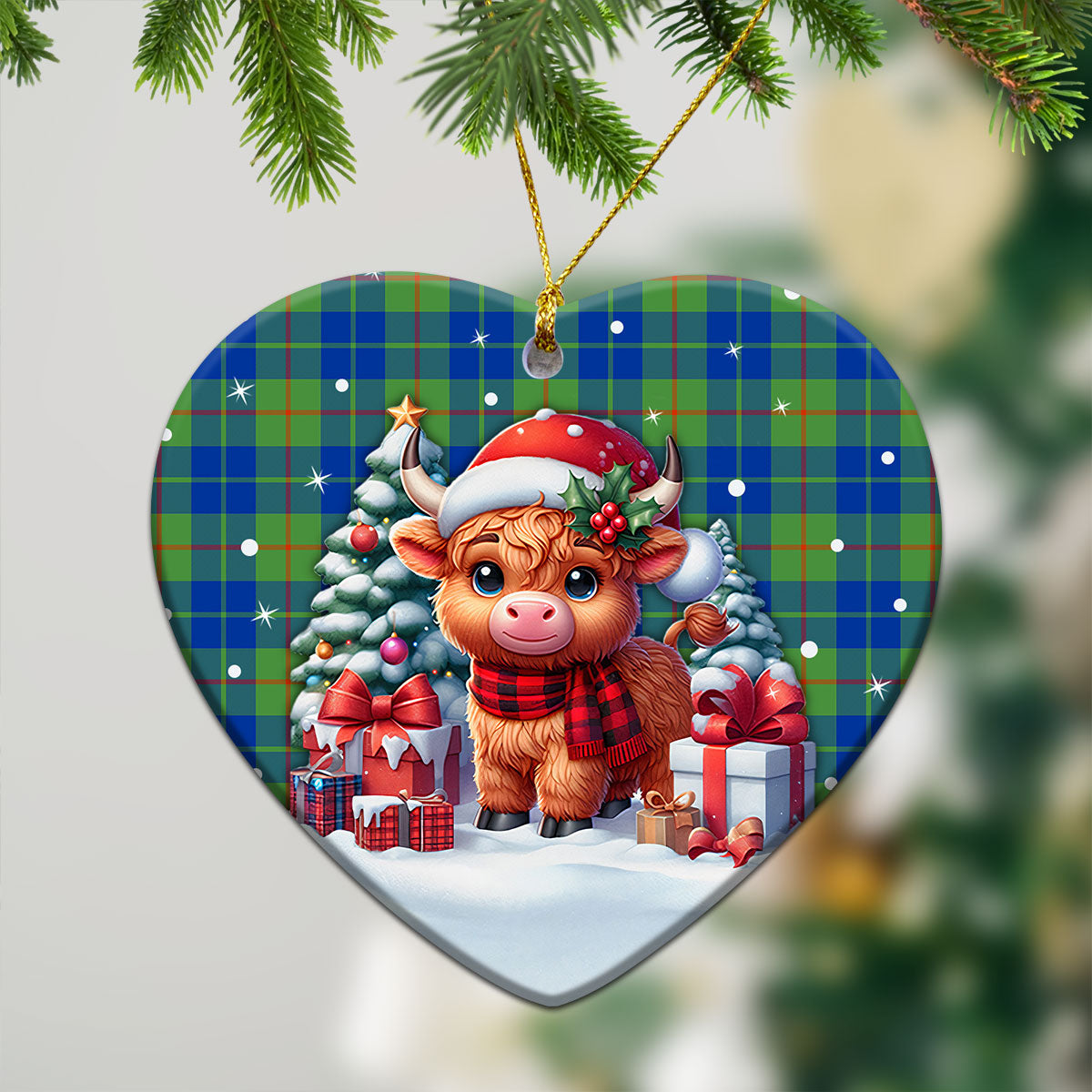 Barclay Hunting Ancient Tartan Christmas Ceramic Ornament - Highland Cow Winter Style